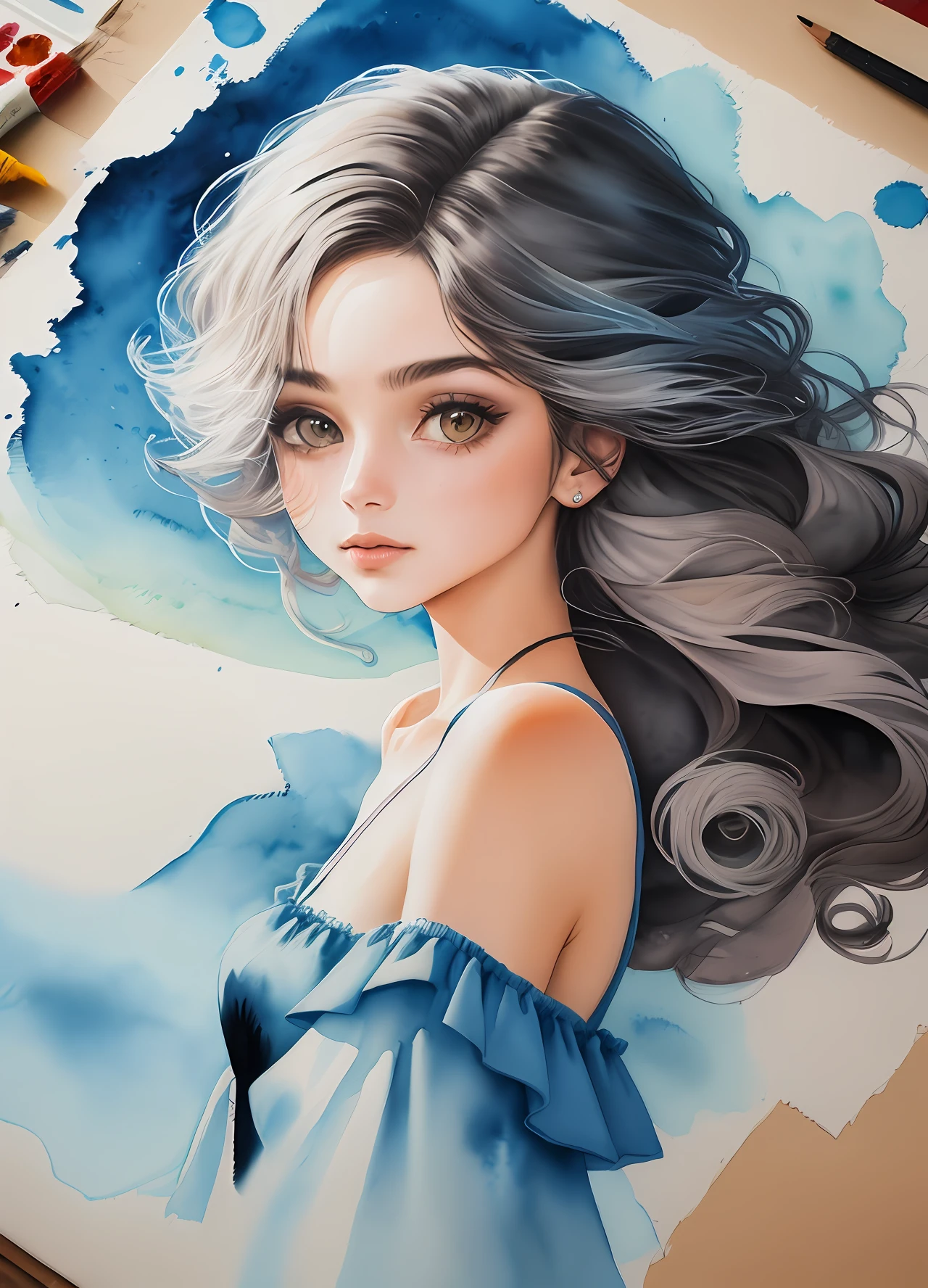 "(obra-prima), (melhor qualidade: 1.1), (ultra-detalhado), best illustration, detalhe fino, (desenhos de aquarela: 1.4), (hand-painted: 1.2), (cabelo escova de aquarela),".