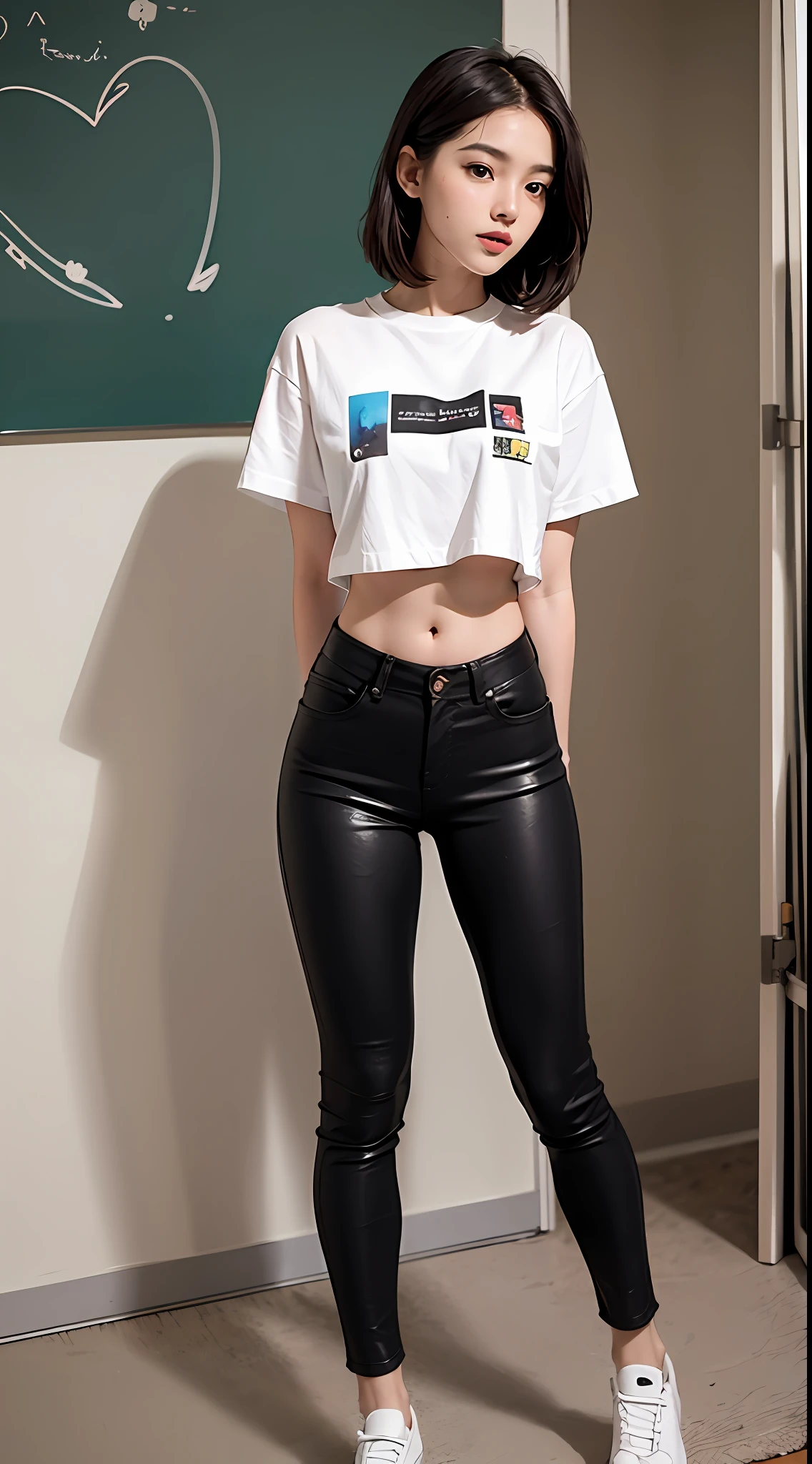 qualidade superior, Masterpiece, Ultra high resolution, (fotorrealista: 1.4), dutch angle, uma , top branco, Glued pants, em um quarto minimalista, pernas para cima, sentada