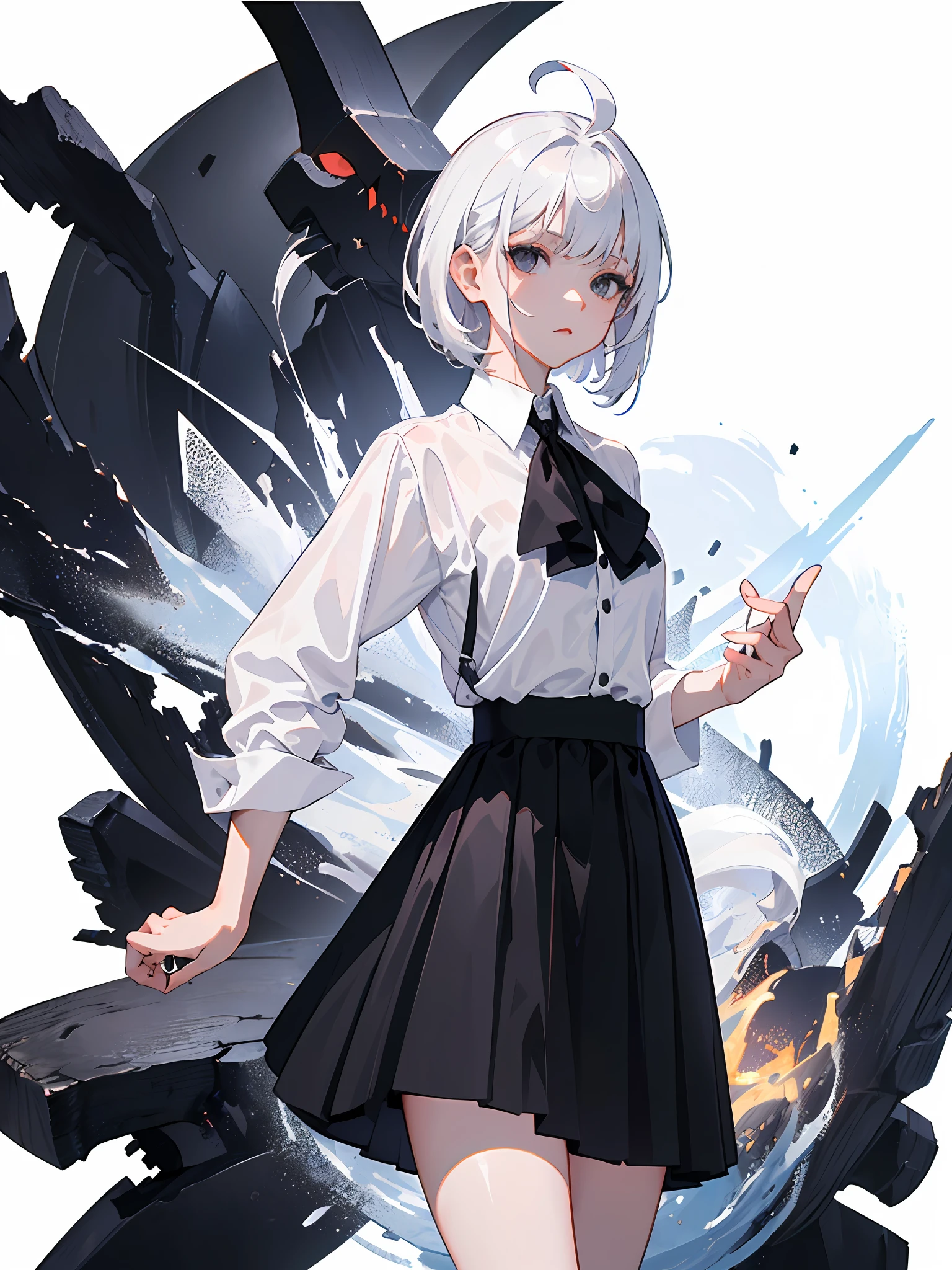 ((masterpiece, best quality)), (1girl), (solo), (female focus), (ahoge, white hair, short hair), black eyes, ((white shirt), (buttoned shirt)), ((Black JK skirt),(Short skirt jk)),to stand,white background,Hands behind your back,