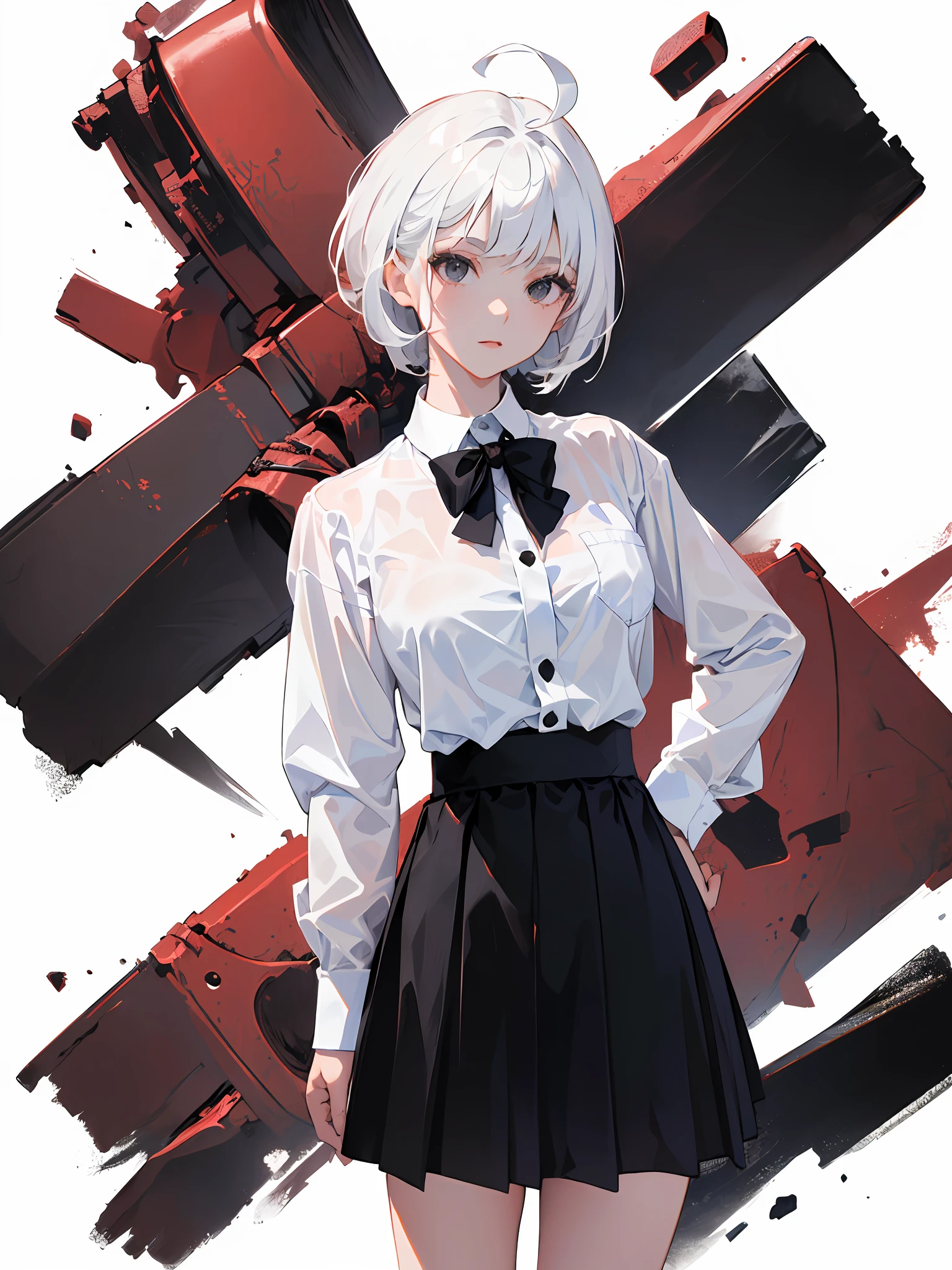 ((masterpiece, best quality)), (1girl), (solo), (female focus), (ahoge, white hair, short hair), black eyes, ((white shirt), (oned shirt)), ((Black JK skirt),(Short skirt jk)),to stand,white background,Hands behind your back,