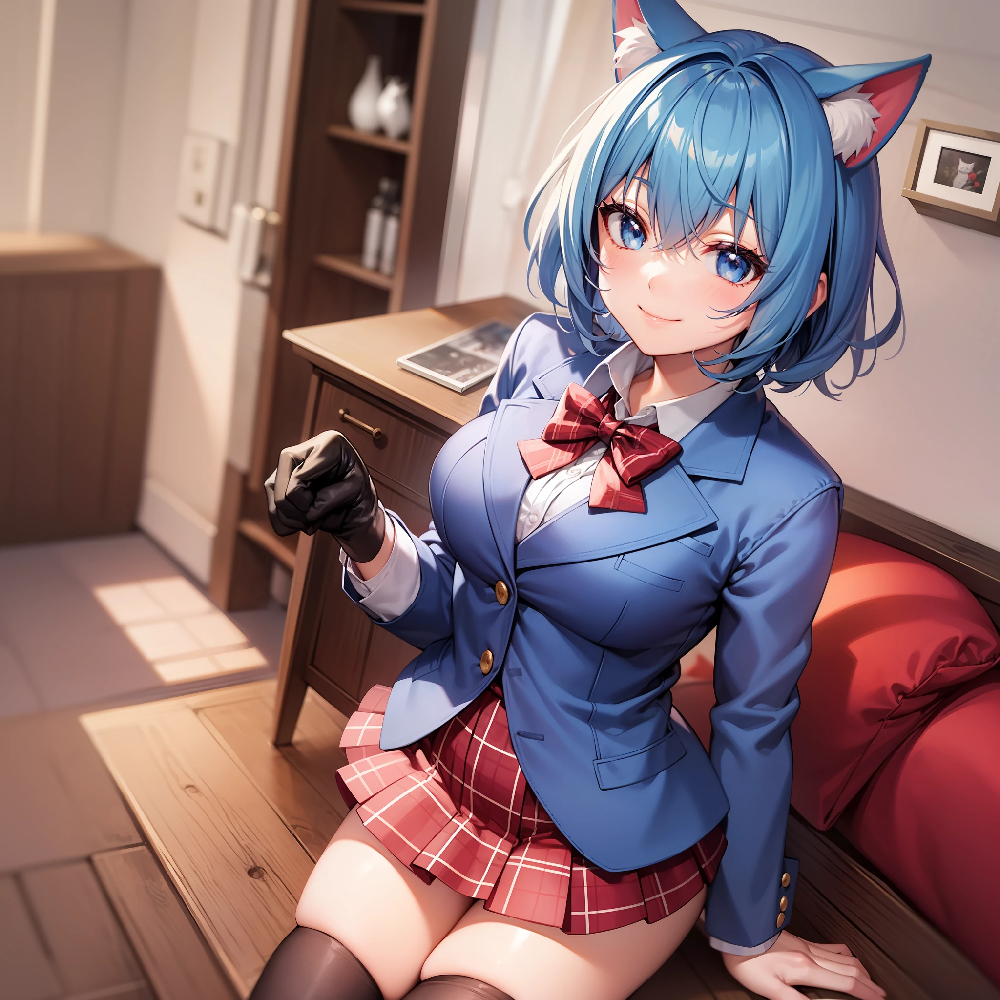 Aoi_Fukayuki, one girl, anime style, full-body, (blue hair), (short hair), smile, flush, blue eyes, blazer, (plain white shirt), (red bow tie), (red checked skirt), (black stockings), absolute area, white cat ears, high quality, best quality, highlight thighs, stand, paw pose,