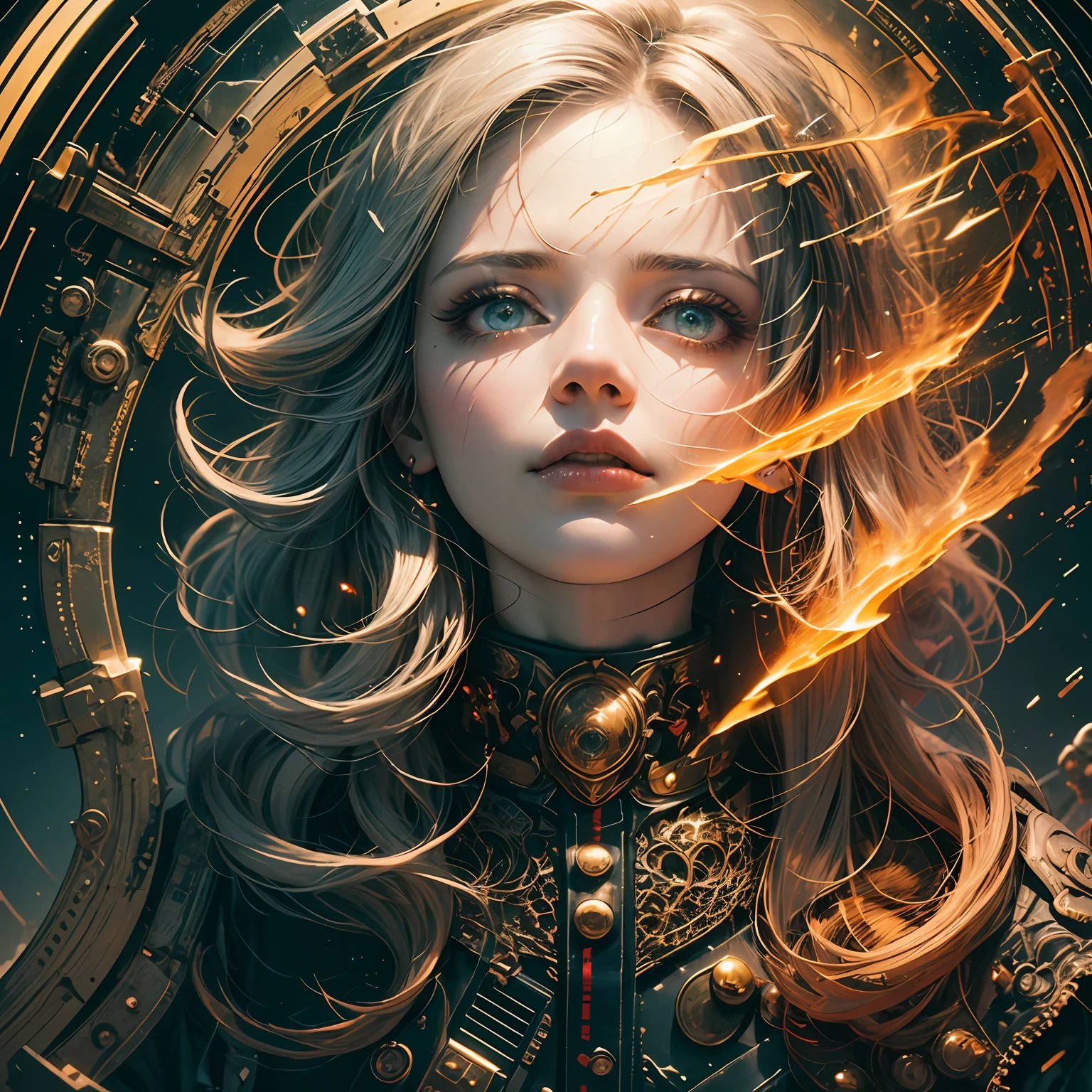 (Masterpiece:1.2), best quality, (illustration:1.2), ornate decorations,(Masterfully crafted Glow, lens flare), (ultra-detailed), hyper details, (delicate detailed), (intricate details), (cinematic light, best quality Backlights),(bioluminescent hair), (glowing eyes), (Dynamic:1.2), ((makeup)), absolutely eye-catching, prehistoric,((colourful paint splashes on background, dulux,)), ((caustic)), dynamic angle, (Captivating),(Intricately Detailed Cinematic :1.1), ambient occlusion, ambient light, ray-traced reflections,(best illumination, an extremely delicate and beautiful), ((cinematic light)), colourful, powerful, (Cinematic masterpiece),big dreamy eyes, perfect proportions, perfectly drawn face, Albedo, white hair, chains, comfortable, Intense, day, Golden sky, Inticing, illustration, Angels everywhere, yellow eyes, red roses, chains, splashes of colour, smooth soft skin, Golden Hour, atmospheric, Park, Fields, Bullets, Breath-taking, ambient light coming from sky, soft warm glow coming from chains, god rays, halo, beautiful intricate coloured hair, symmetrical, soft lighting, , concept art, digital painting, looking into scenery, realistic reflections, tracers everywhere --auto --s2
