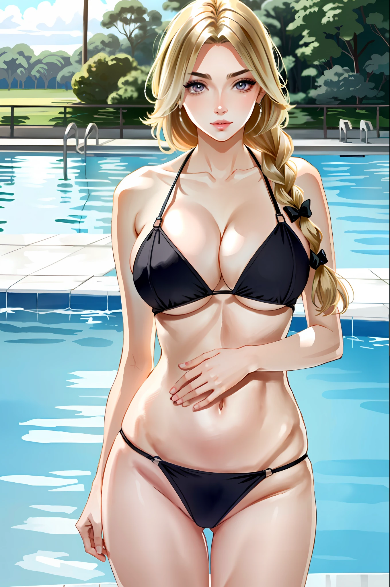 rising out of public pool, (masterpiece, best quality, illustration), Marin Kitagawa black microbikini, makeup, blond hair, pink eyes, very long hair, hair ribbon, braid, twin braids, cowboy shot, looking at viewer, cleavage, flirting, modest, huge natural breasts, large hips,