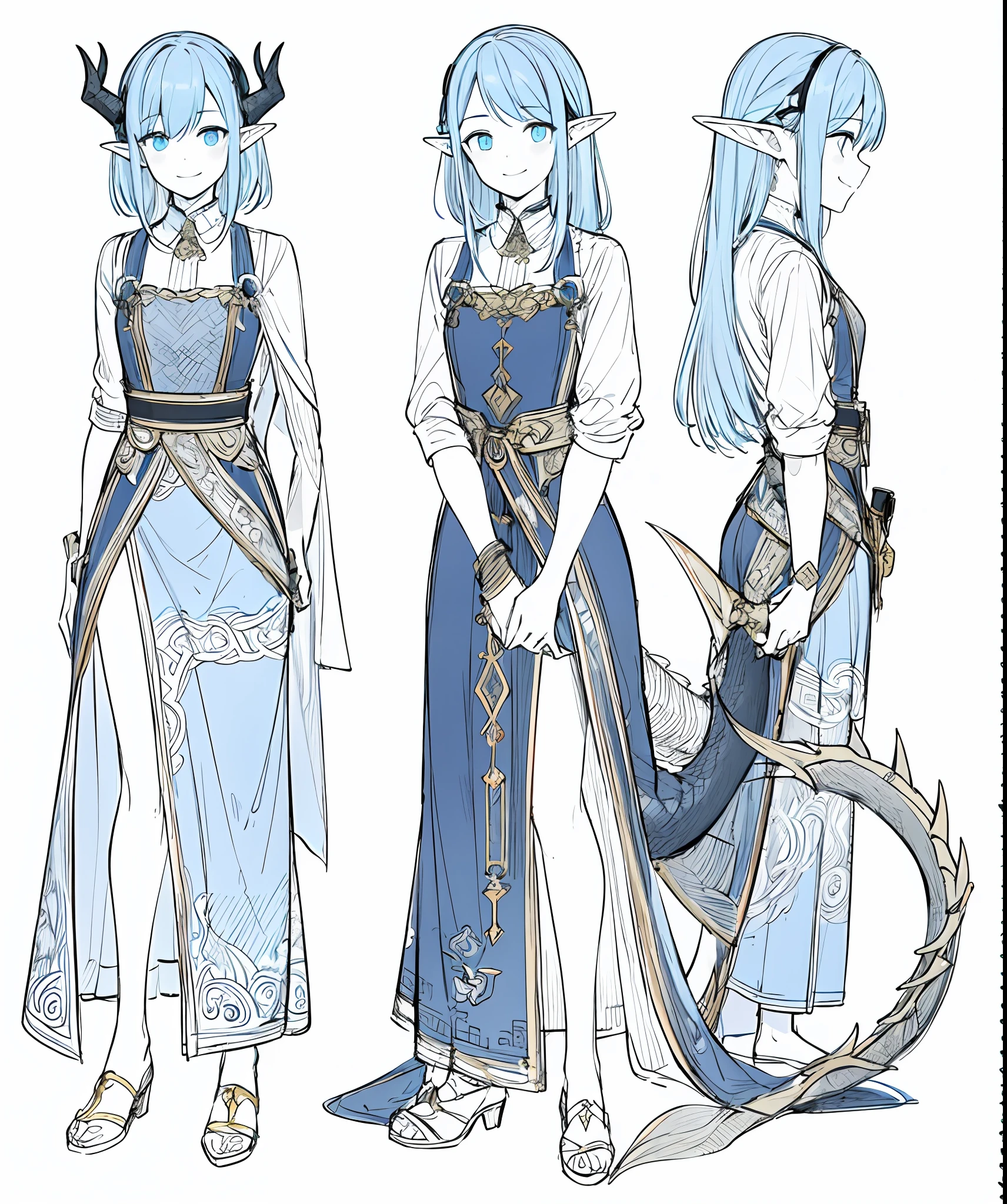 A girl with two dragon horns on her head stood there,A smile on his face,Happy expression,masterspiece, need, 1girls, Solo, Ancient bloating, Blue elf hair, simplebackground, White background, flat-colors, Line drawings, ((sketch))