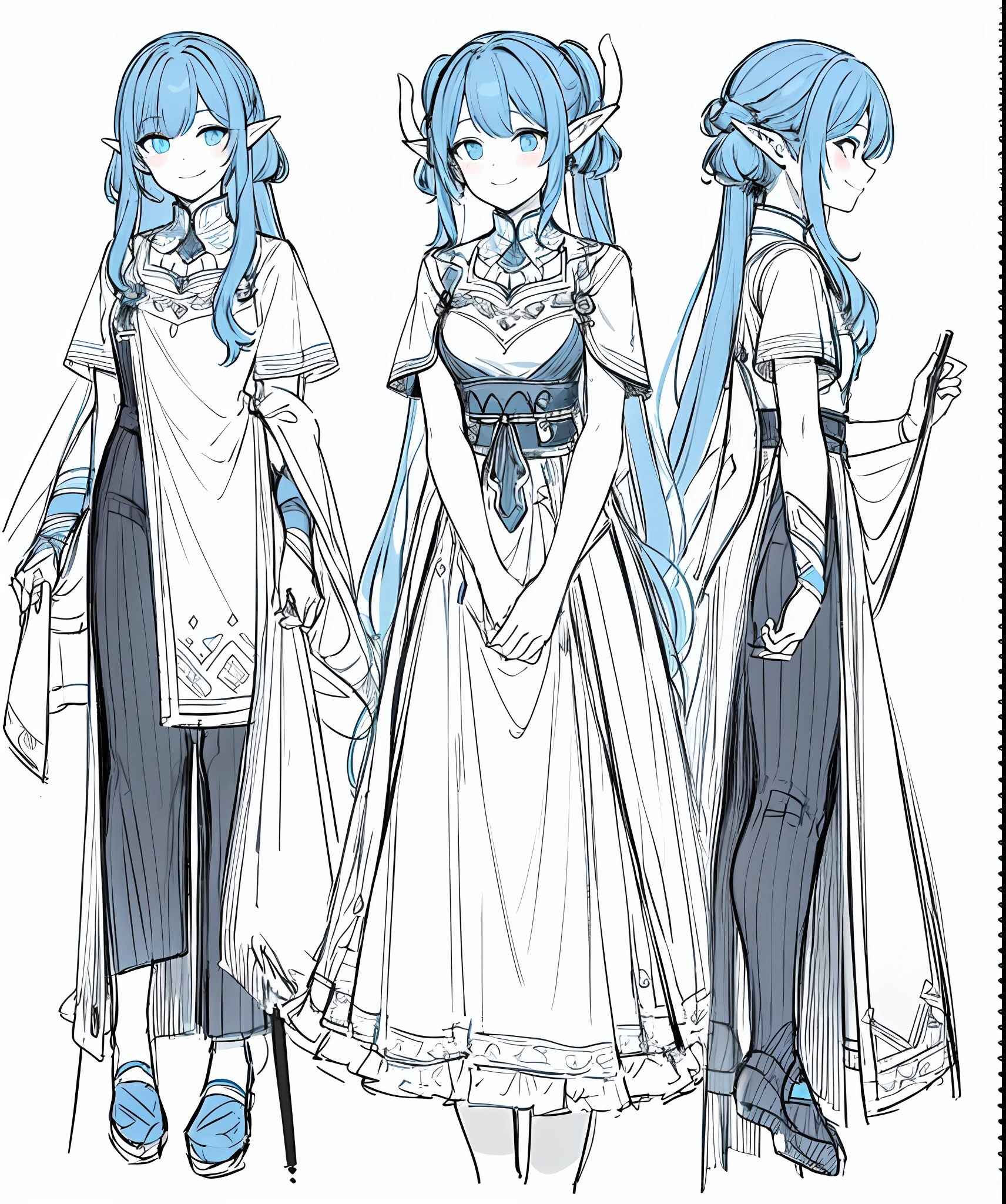 A girl with two dragon horns on her head stood there,A smile on his face,Happy expression,masterspiece, need, 1girls, Solo, Ancient bloating, Blue elf hair, simplebackground, White background, flat-colors, Line drawings, ((sketch))