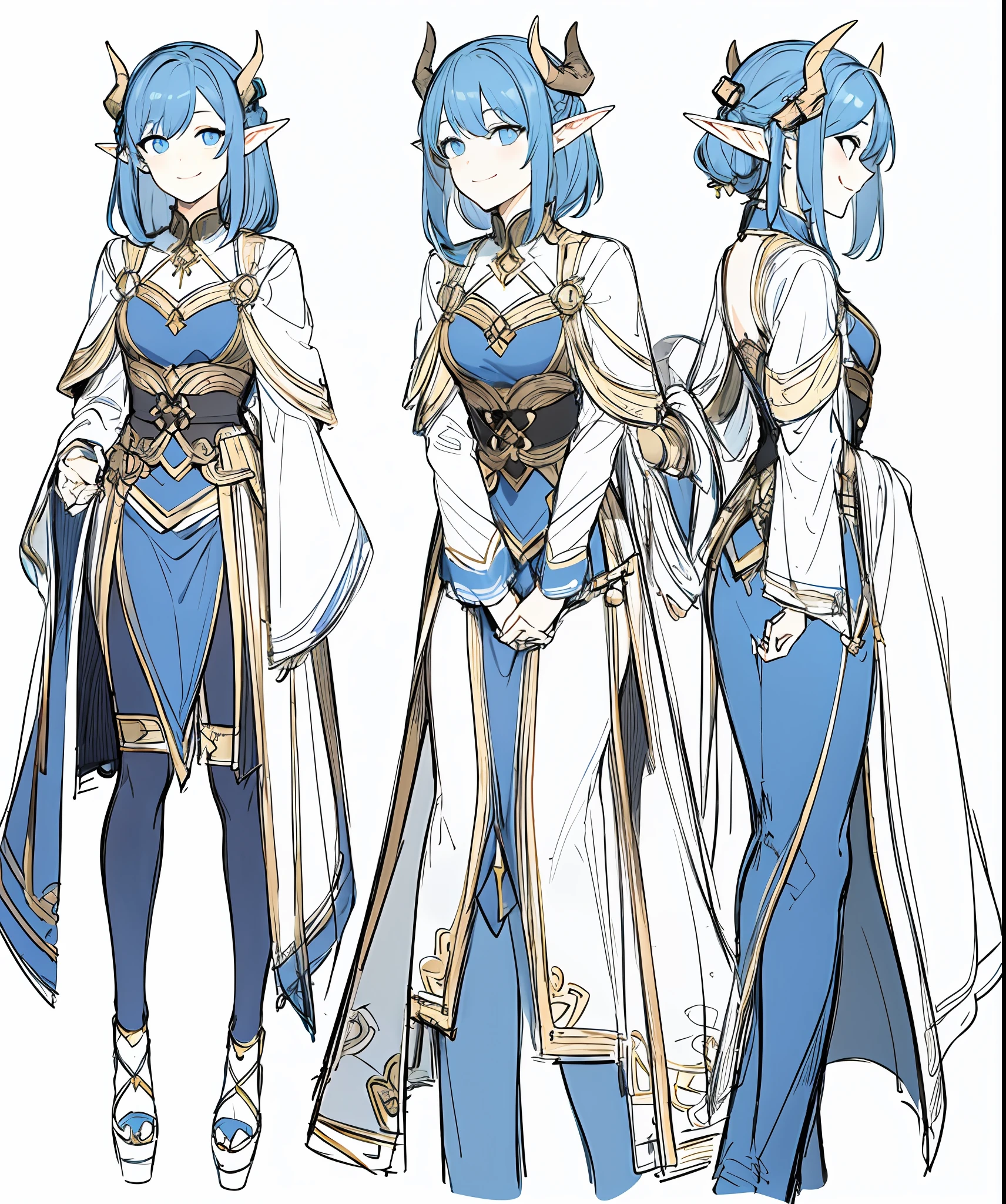 A girl with two dragon horns on her head stood there，A smile on his face，Happy expression，masterspiece, need, 1girls, Solo, Ancient bloating, Blue elf hair, simplebackground, White background, flat-colors, Line drawings, ((sketch))