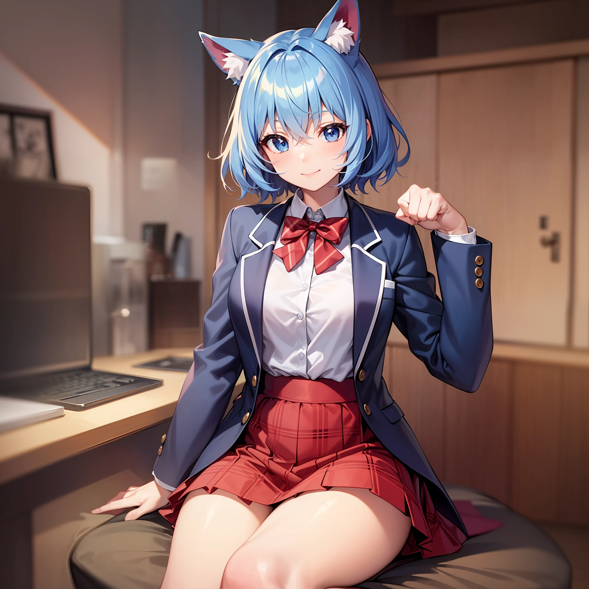 Aoi_Fukayuki, one girl, anime style, full-body, (blue hair), (short hair), smile, flush, blue eyes, blazer, (plain white shirt), (red bow tie), (red checked skirt), (black stockings), absolute area, white cat ears, high quality, best quality, highlight thighs, stand, paw pose,