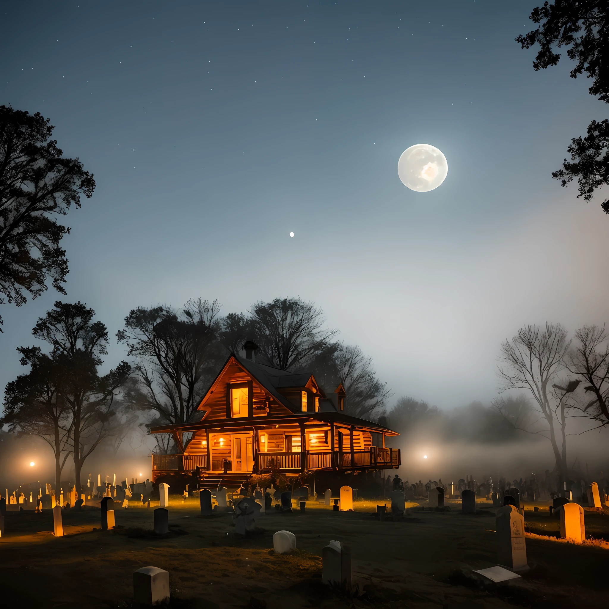 (Two-level cabin terrorizes the center of a night cemetery with full moon and fog) un asesino vestido d enegro con una guitarra electrica en la mano tocando una melodia entre las lapidas tenebrosas y un gato negro diabolico arriba de una de las lapidas