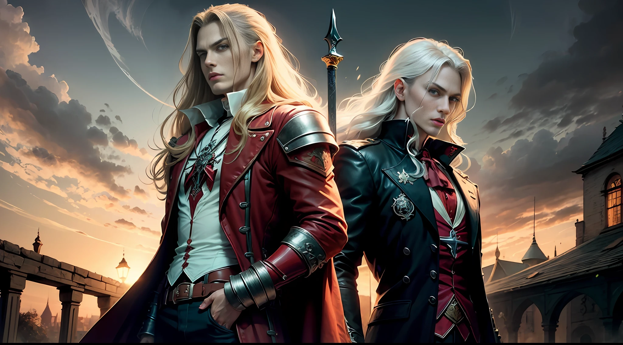 Alucard Castlevania, sword in hand, Coat of arms Alucard, posando para foto, realista --auto
