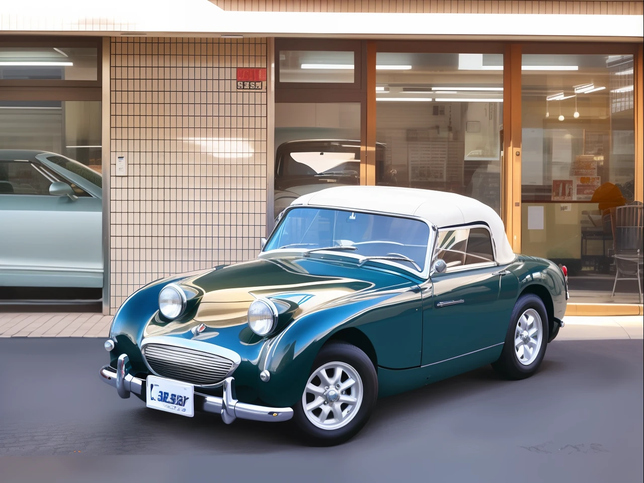 there is a green car parked in front of a building, Roadster, !!natural beauty!!, soft top, intricated!!, vintage - w 1 0 2 4, けもの, classic car, !!Beautiful!!, whited!!, Amazing beauty, Beautiful!!!, classic car, highlight, 8K!!, Future!!, Hey, jade green, twinsies