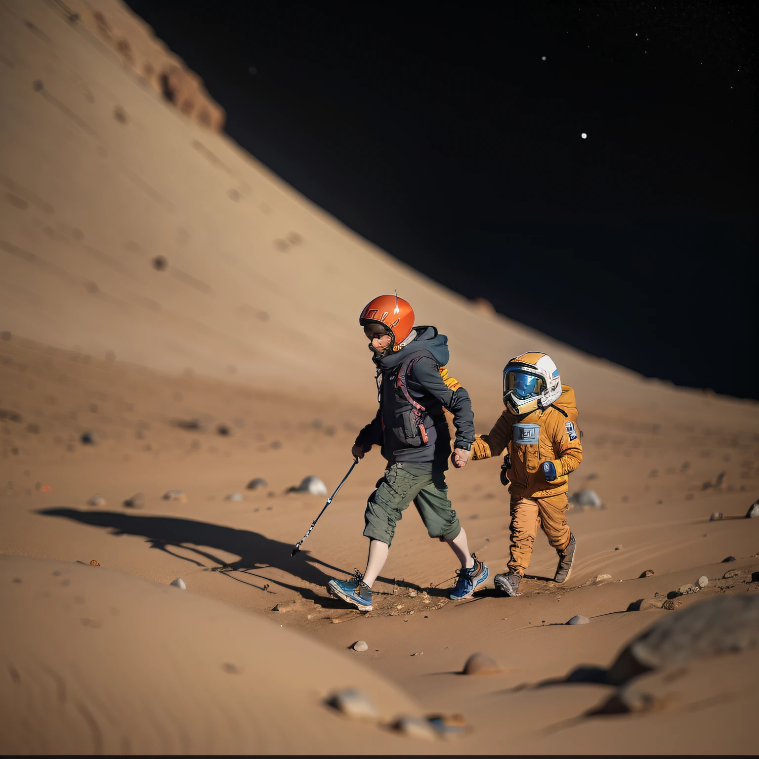 um pai ensinando um filho de 3 anos a caminhar. They are on the planet Mars. ao fundo bem distante aparece o planeta terra