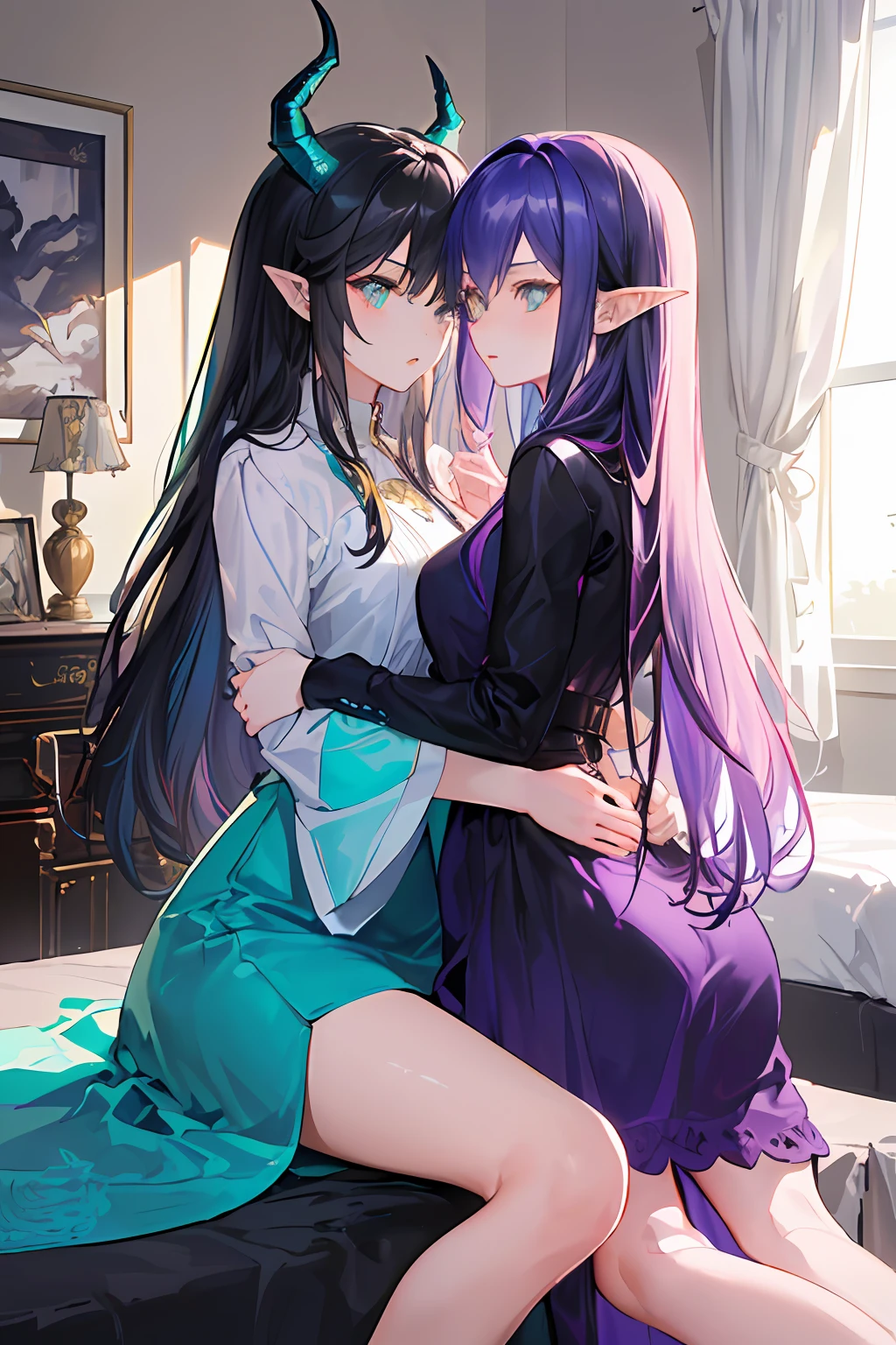(((2 girls))),ray tracing, (dim light), [realistic] ((detailedbackground(bedroom))), (((girl with long purple hair, golden eyes, dragon horns, pointed ears)) and ((girl with long black hair, turquoise eyes)) are in the ominous bedroom, looking at each other passionately, sitting in quite intimate contact each other, correct limbs