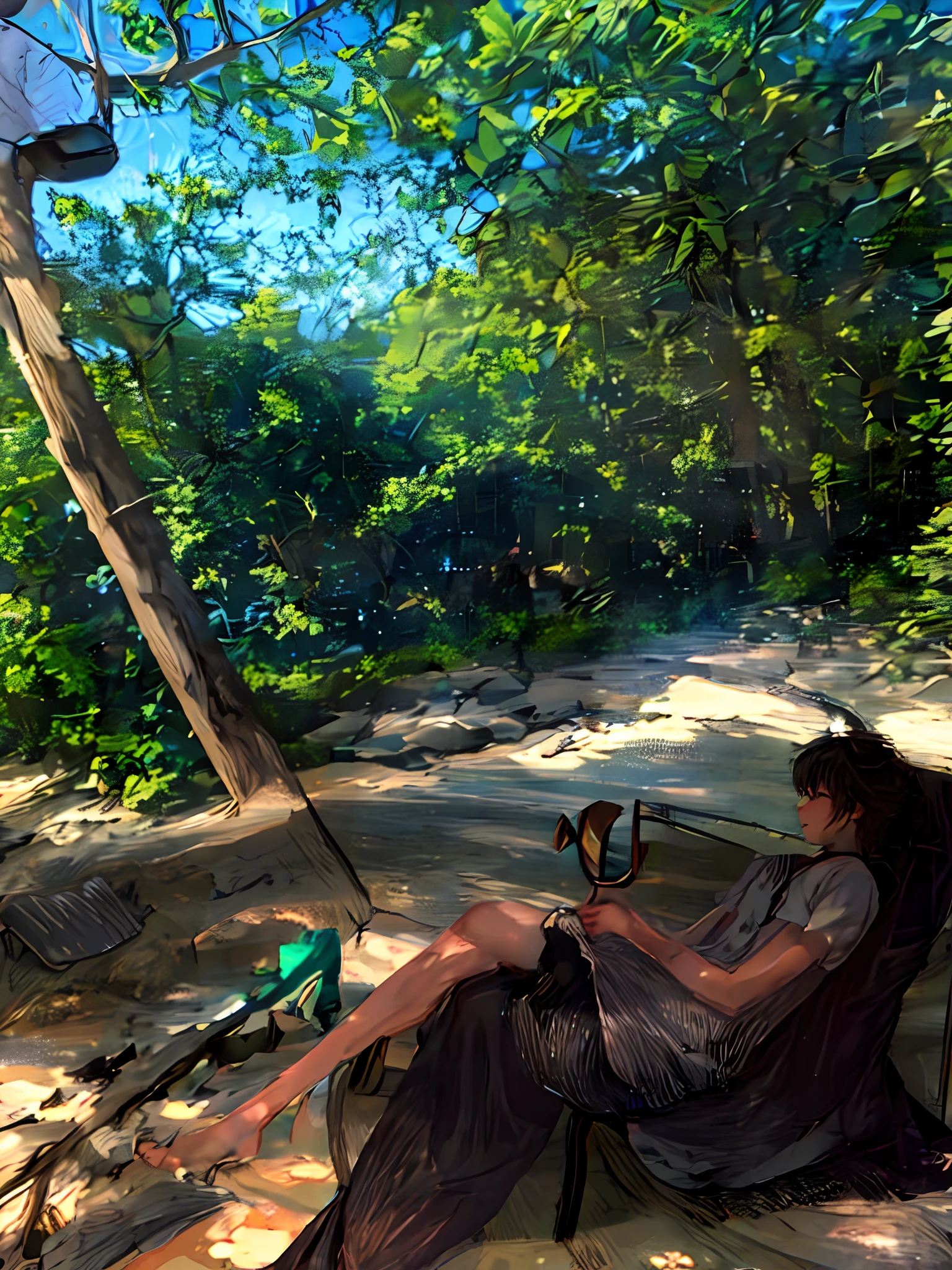 there is a man sitting on a beach chair with a book, em uma praia tropical, beach trees in the background, Relaxando na praia, sentado na praia, is relaxing on a beach, Relaxando na praia, it's is relaxing on a beach, em uma praia, in a beachfront environment, sentado na praia, na praia