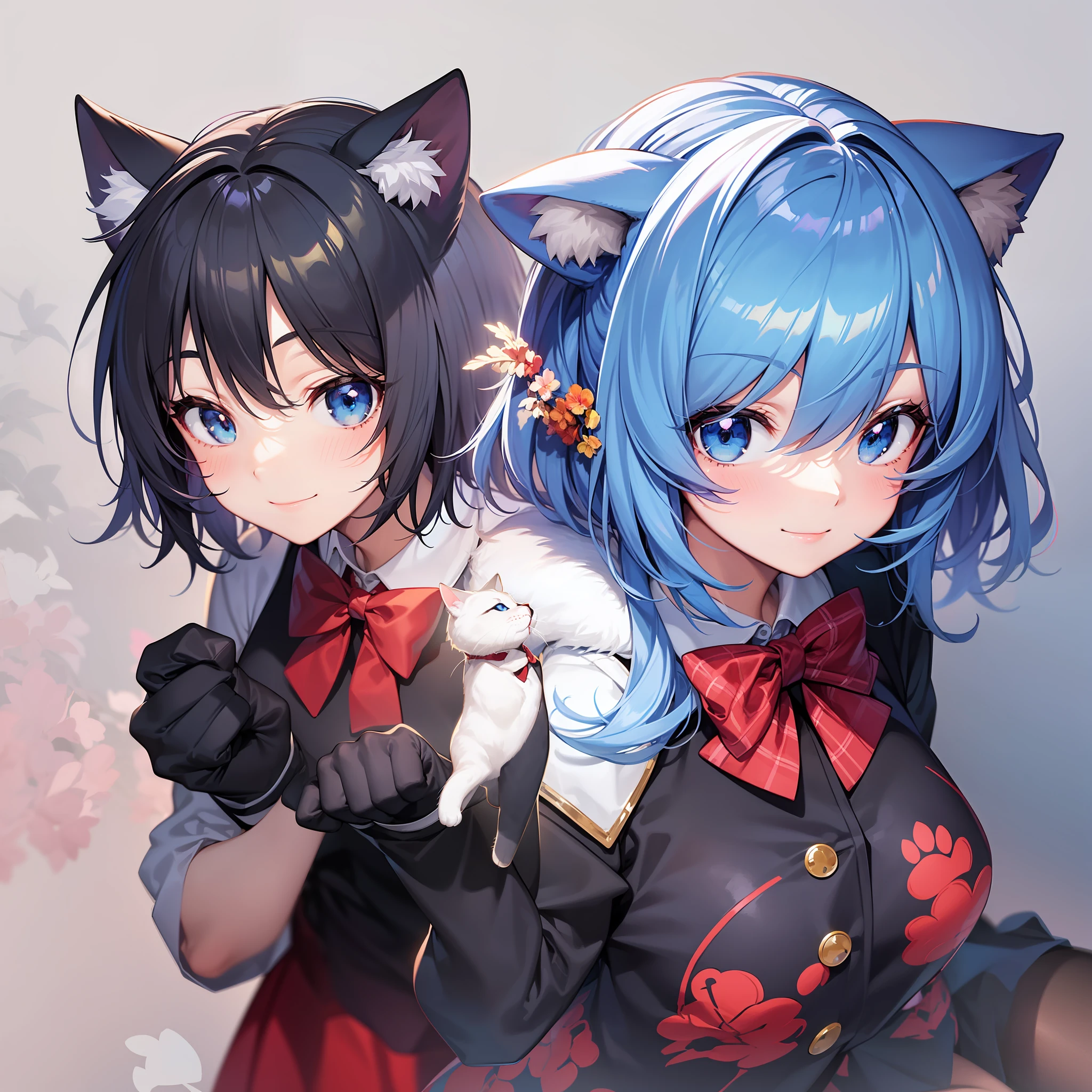 Aoi_Fukayuki, one girl, anime style, full-body, (blue hair), (short hair), smile, flush, blue eyes, blazer, (plain white shirt), (red bow tie), (red checked skirt), (black stockings), absolute area, white cat ears, high quality, best quality, highlight thighs, stand, paw pose,