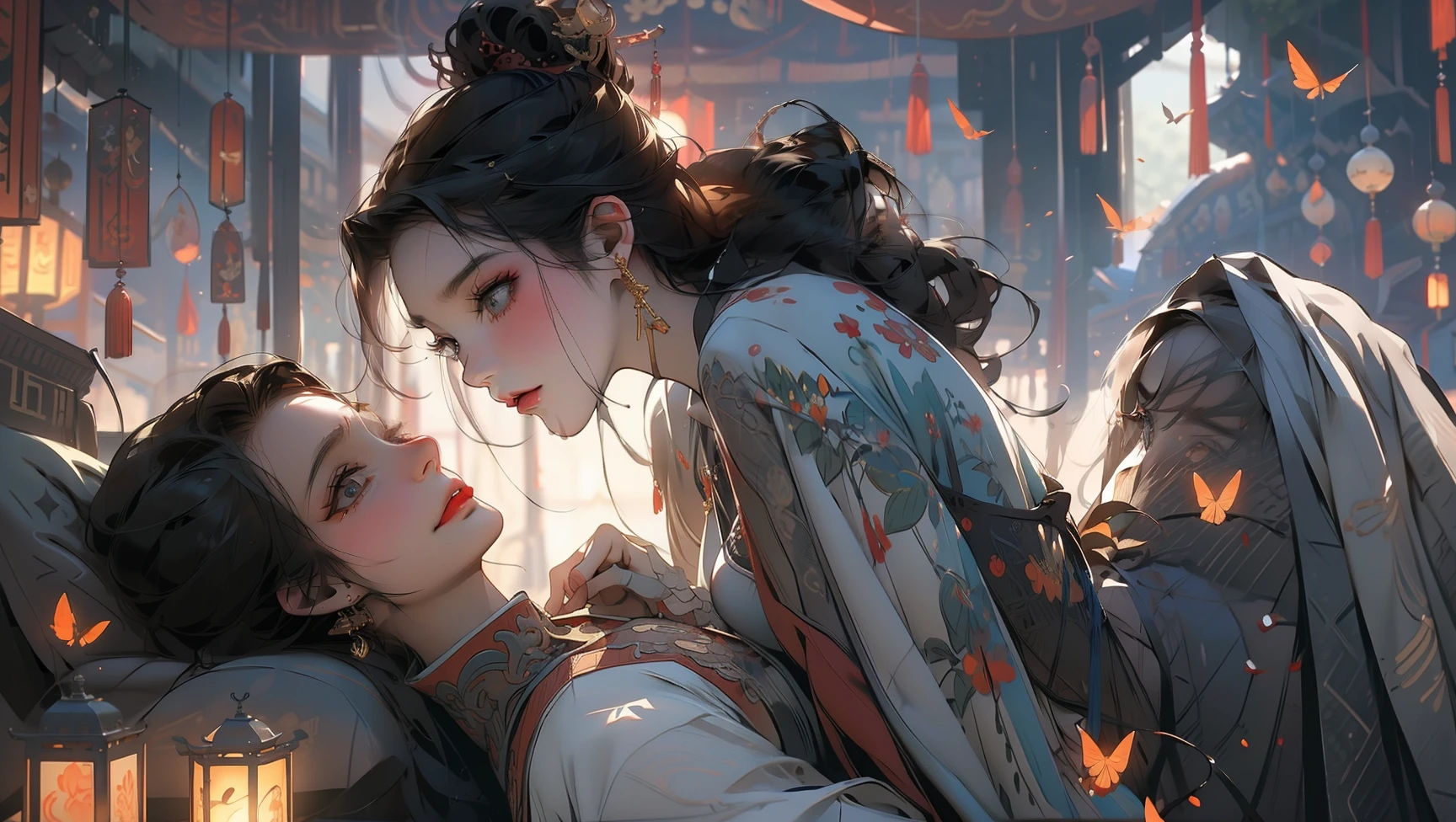 The two looked at each other，Side face，Two women，One person presses the other，Temptation，erogenous，Undress，an lingerie，The chest is large，2-dimensional，Smooth hair，best qulaity，masterspiece，Ultra detailded，Extreme detail，8k壁紙，Realistic details，cinematiclight，dynamic angle，World Mastery Theatre，best qulaity，Extremely delicate，Perfect face，exquisite facial features，The Perfect Hand，Delicate lashes，exquisite eyes，Ancient Chinese hairstyle，Red lanterns，the golden ratio，Melancholy expression，grin，rose petals，Light and shadow tracking，
