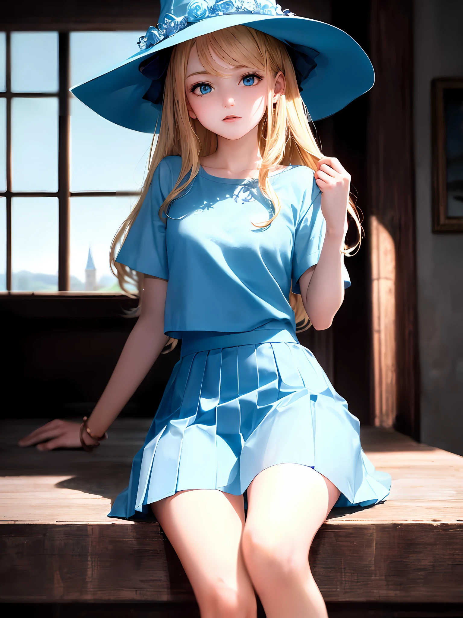 1girls, Single person， (Masterpiece:1.1), (Best quality:1.1),      Break [blue:Pink:0.5] theme, Cowboy shot,Cinematic light， full full body，Positive perspective，Long blonde hair，exquisite facial features，The Perfect Hand，Blue eyes, (White short-sleeved top:1.2)，(Blue witch hat:1.2)，(Blue pleated skirt:1.2)，Sit，elegantly，beckon，Castle background，inside room