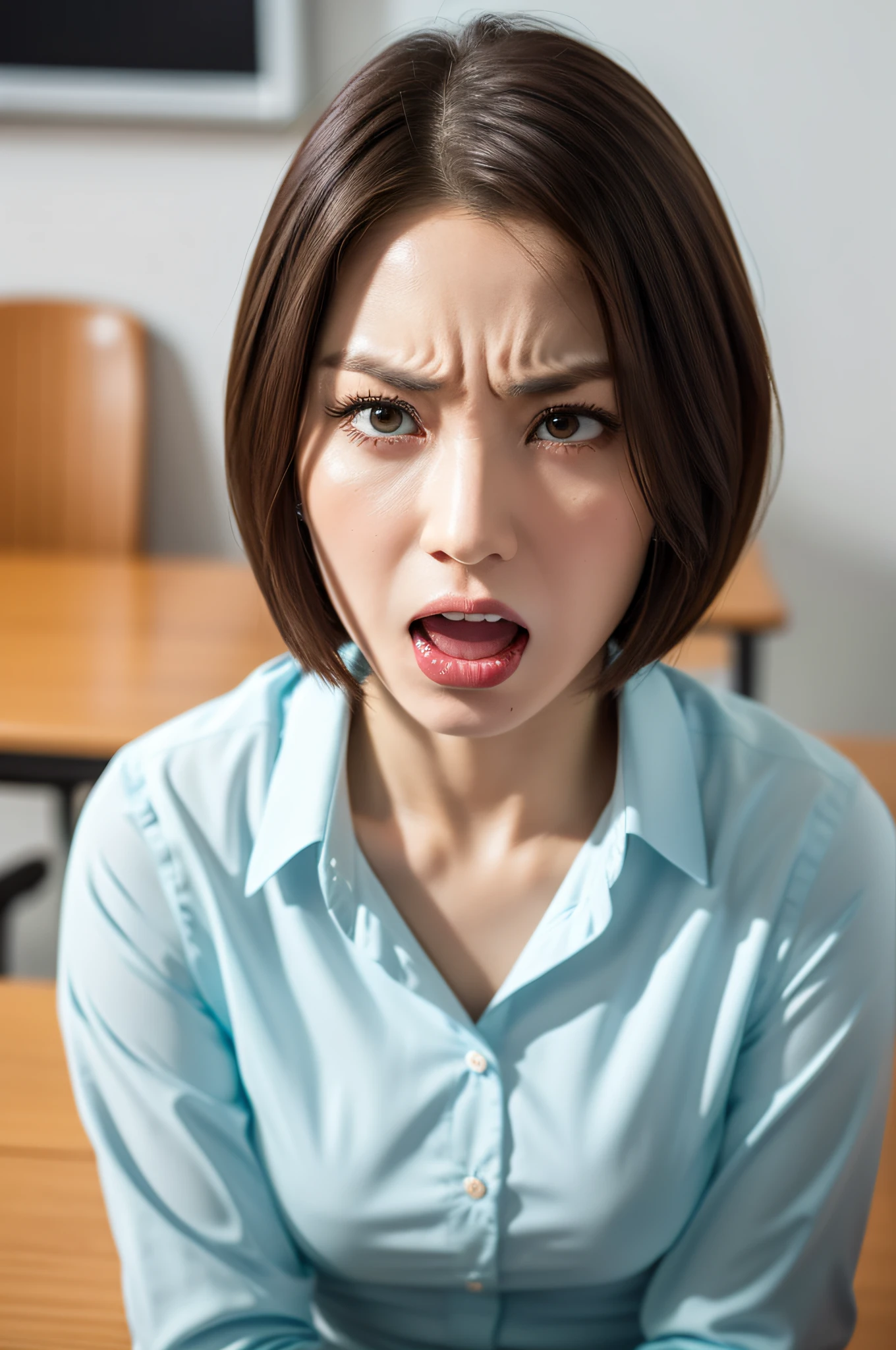 (((anger)))、Angry eyes、Angry eyebrows、Angry mouth、clench her teeth、beste Quality、in 8K、A masterpie:1.3、Sharp focus:1.2、Woman with perfect body shape:1.4、Realistic rays、blouse、30 years、short-hair、desks