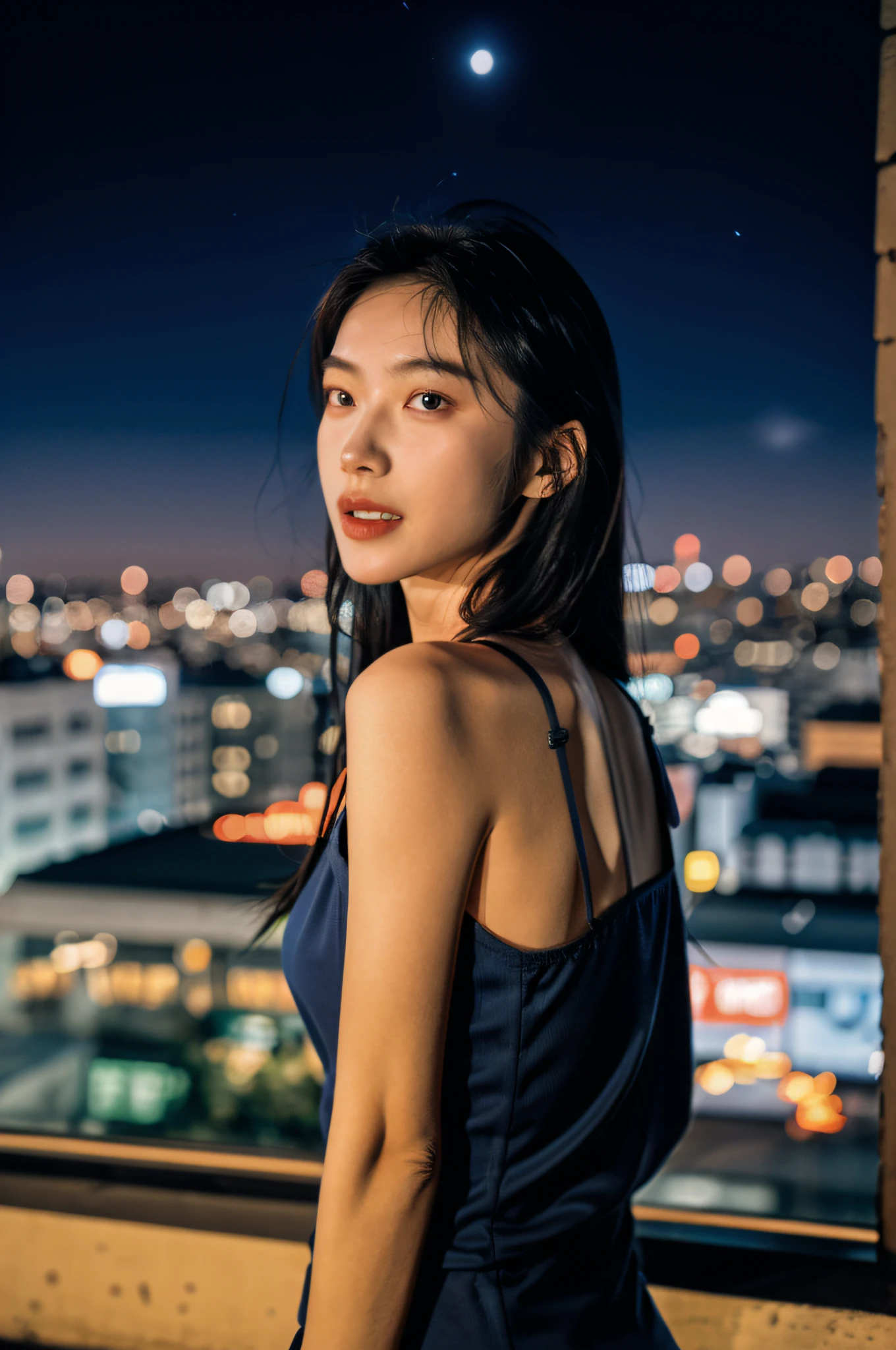 1girls,idols,mannequin,deep of field,Photo showing,filmes,Side face,back,back,(Ruffle your hair:1.5),Look in the other direction,Skinny,Haha,fcollarbone,teeth,long way hair,filmes,Dark blue camisole vest,Cinematography,Night roof,City lights,Boyfriend perspective