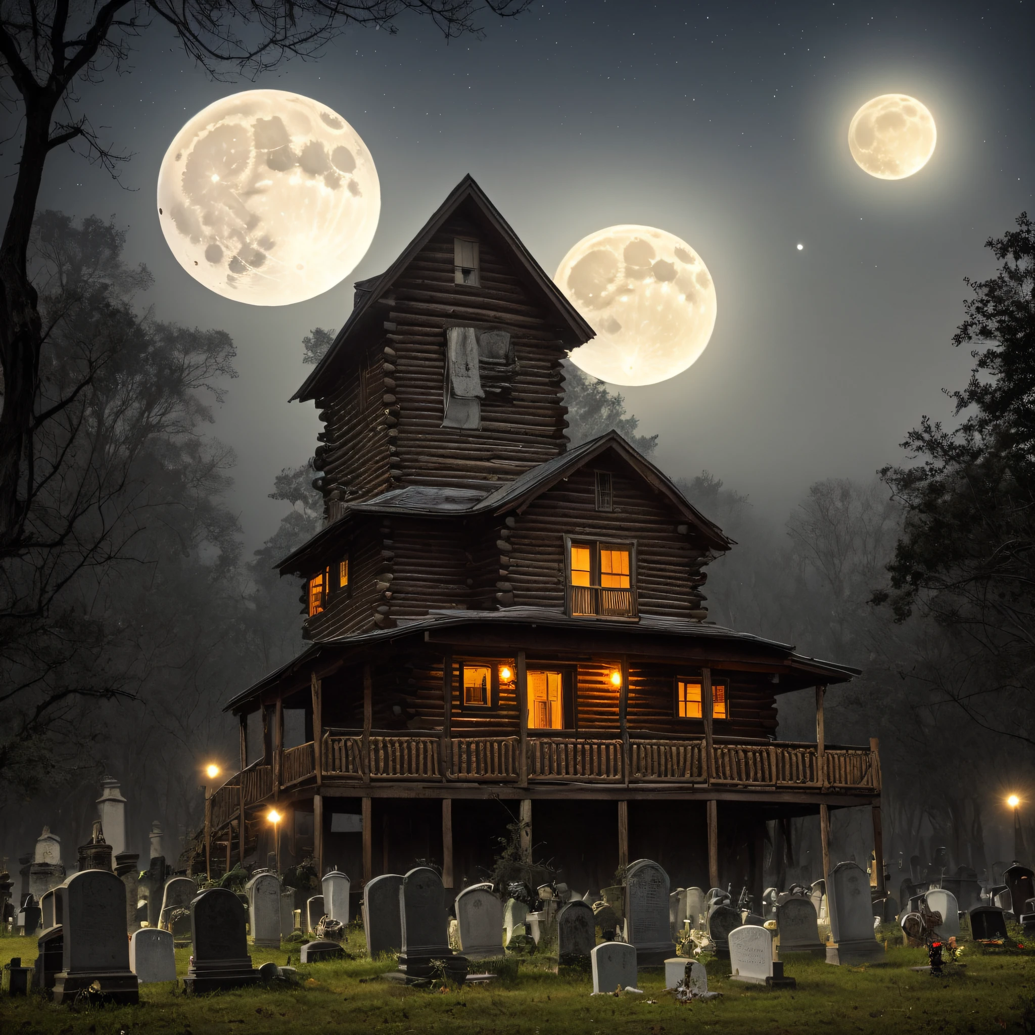 (Two-level cabin terrorizes the center of a night cemetery with full moon and fog) un hombre asesino vestido de  con una guitarra electrica en la mano tocando una melodia entre las lapidas tenebrosas y un gato  diabolico arriba de una de las criptos
