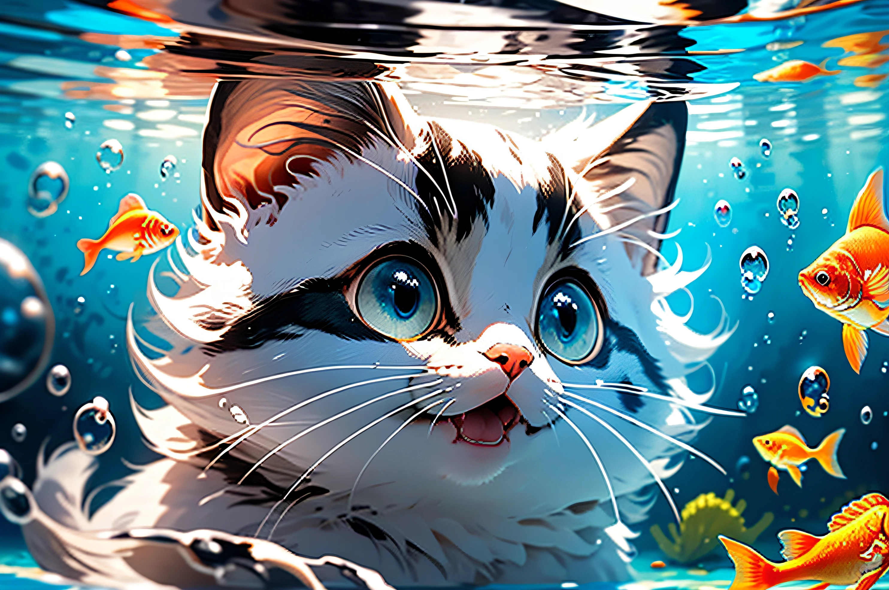 Ragdoll cat, MG mao, (Gray-black ears:1.3), white face, textured face, Exquisite visuals, high-definition, masterpieces, fish, whiskers, blue eyes, no humans, animal focus, open mouth, looking at viewer, white cat, underwater, bubble, solo, swimming, goldfish, submerged,