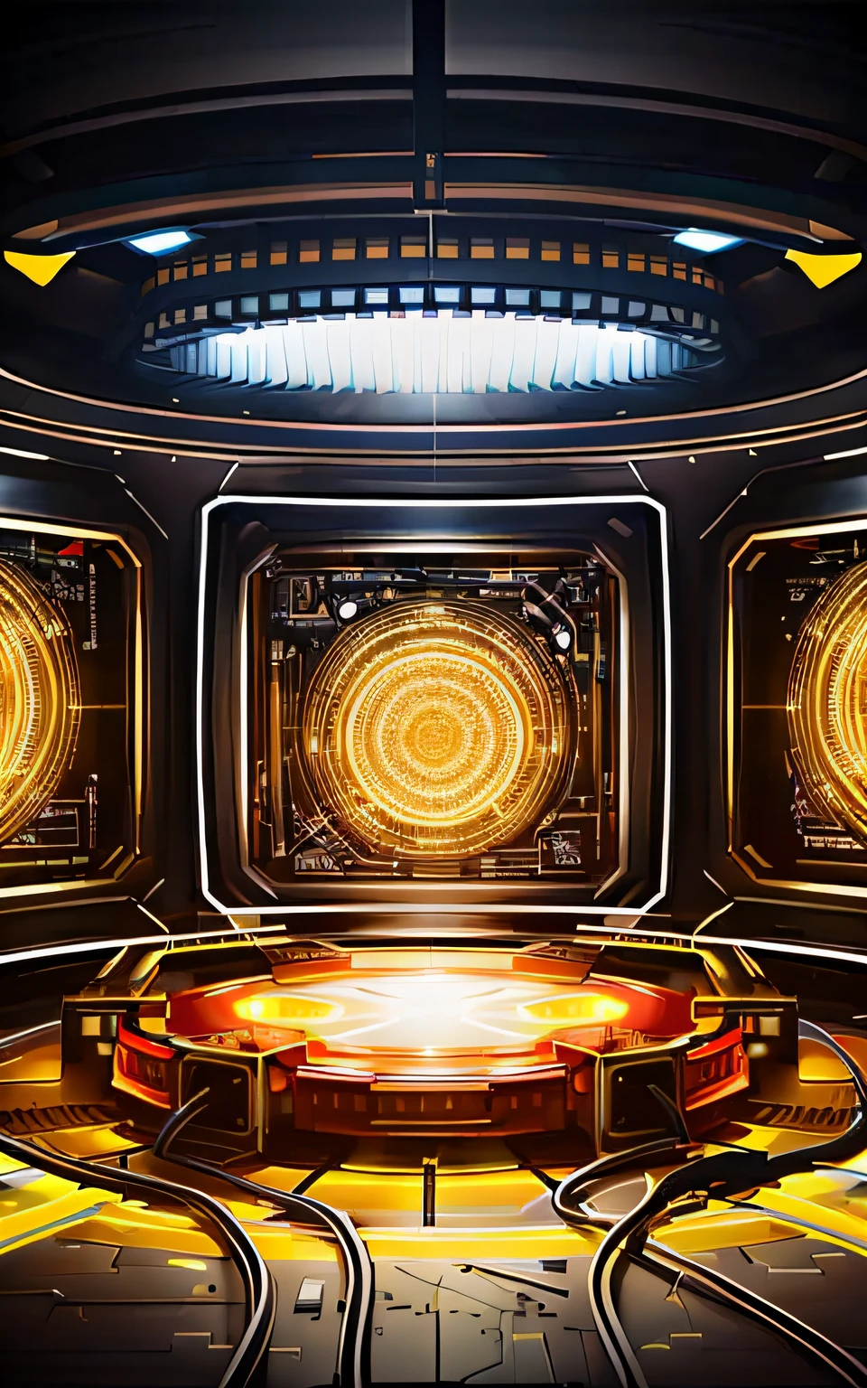 Video human body display。a close up of a circular light fixture in a dark room, the inside of a ufo, of a ufo propulsion system, ufo lighting, technological lights, futuristic lighting, futuristic room background, spaceship hallway background, quantum technology, holographic krypton ion, techno neon projector background, stage lighrt, fusion reactor, aperture science test chamber, depicted as a scifi scene,