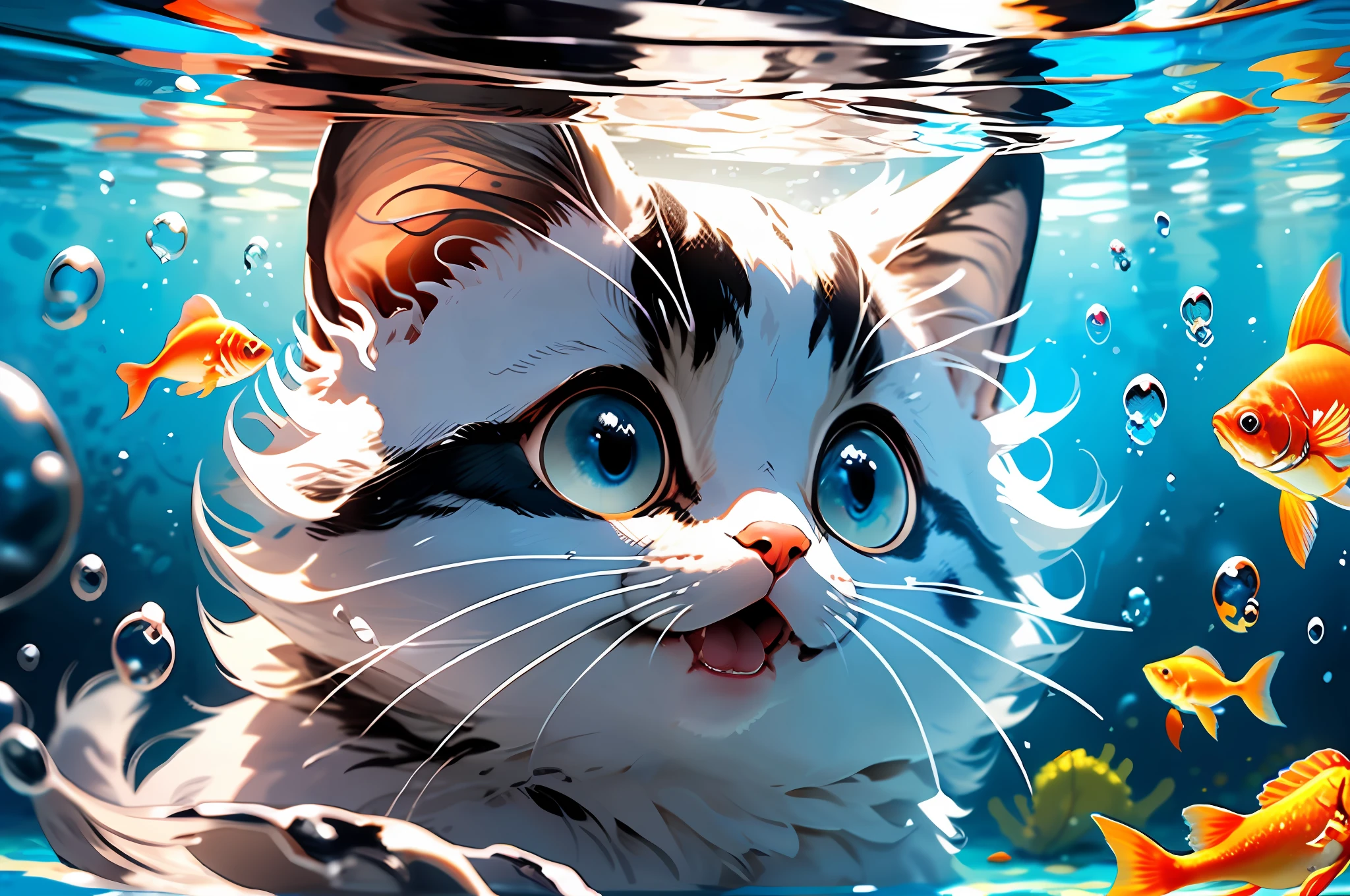 Ragdoll cat, MG mao, (Gray-black ears:1.3), white face, textured face, Exquisite visuals, high-definition, masterpieces, fish, whiskers, blue eyes, no humans, animal focus, open mouth, looking at viewer, white cat, underwater, bubble, solo, swimming, goldfish, submerged,