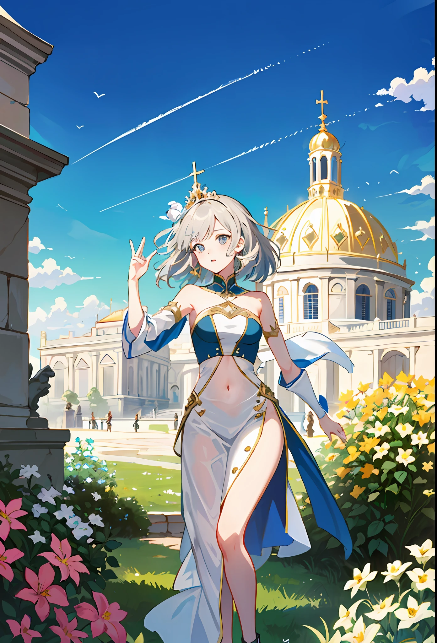 Model shooting style, (extremely detailed CG Unity 8k wallpaper), full-shot body photo of the most beautiful artwork in the world, stunning beautiful photo realistic available, super realistic super detailed photo, a beautiful girl as a female dancer,complex dress, banquet, crowd, [slight smile],(Chateau de Versailles, Pisa Baptistery Of St. John background, Flowers,navel,crowd),(princess eyes, shining pupils),detailed symmetrical beautiful hazel eyes, detailed gorgeous face, highly detailed, Vibrant, professional majestic oil painting by Ed Blinkey, Atey Ghailan, Studio Ghibli, Jeremy Mann, Greg Manchess, Antonio Moro, ArtStation Trends, CGSociety Trends, Complex, High Detail, Sharp Focus, Dramatic, Realistic Painting Art, by Midjourney and Greg Written by Rutkowski