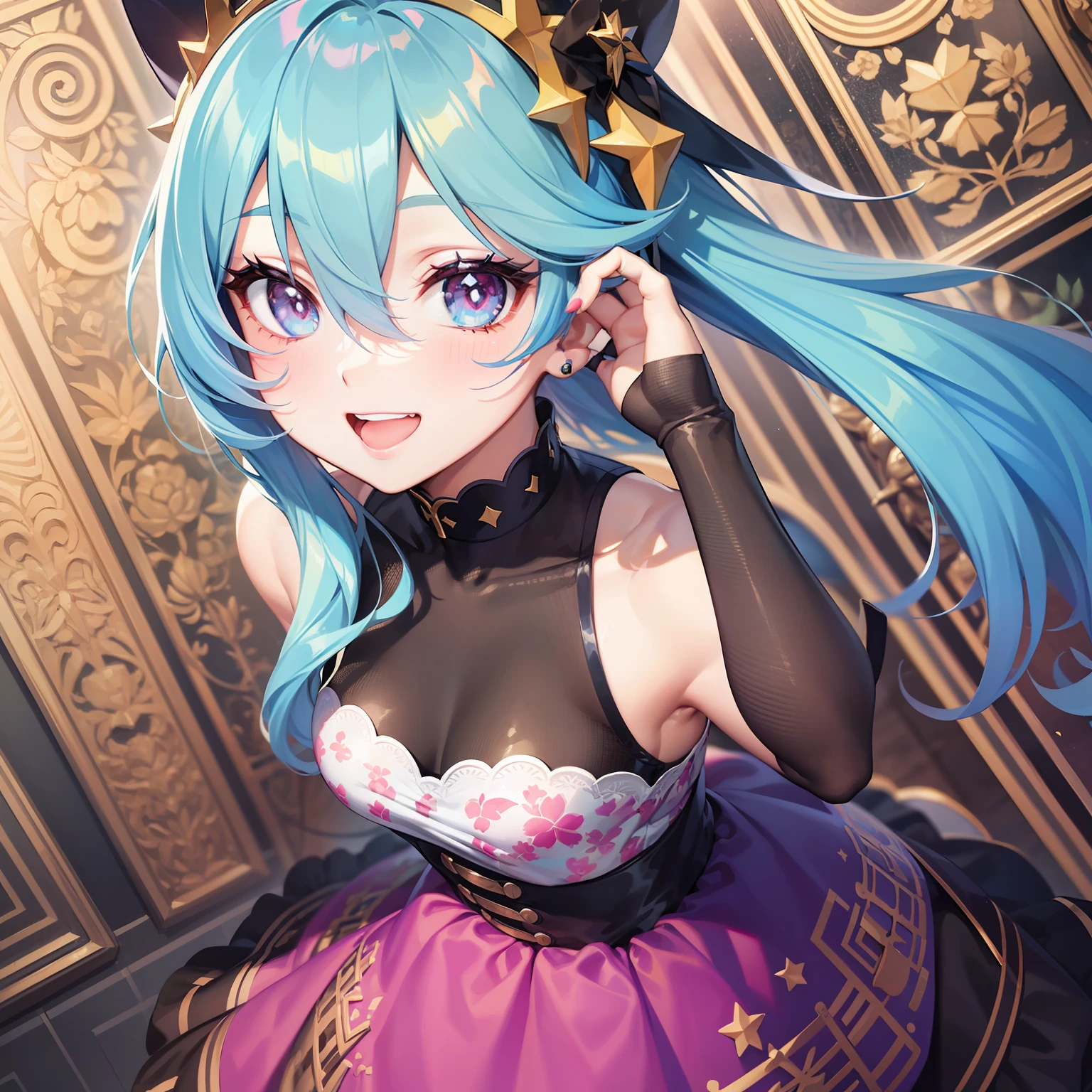 The girls1people、full full body、rainbow hair, Hair Between Eyes, tiaras、diamond-shaped pupils, Makeup, smiley, Anime style, Iridescent dresses、F/1.8, from above view, god statue、Masterpiece, Best Quality