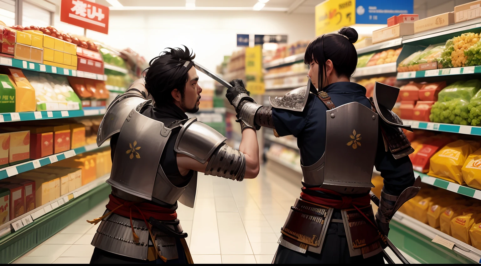 a sword fight between two samurai warrior, wearing full armor, grocery store, crowd