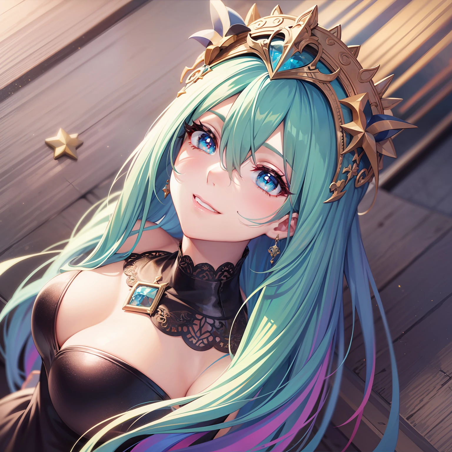 The girls1people、full full body、rainbow hair, Hair Between Eyes, tiaras、diamond-shaped pupils, Makeup, smiley, Anime style, Iridescent dresses、F/1.8, from above view, god statue、Masterpiece, Best Quality