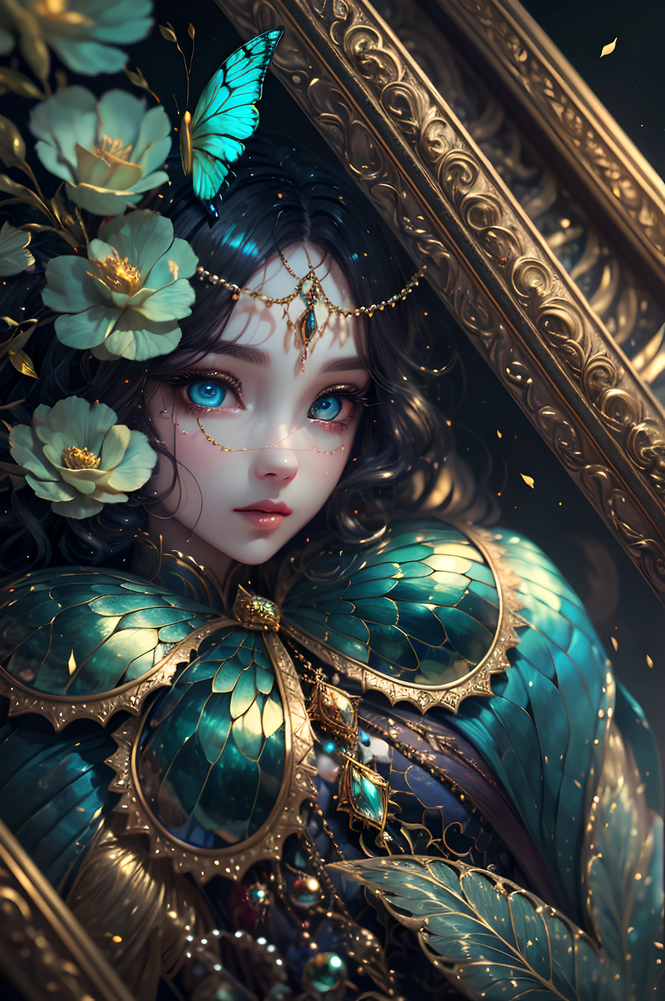 In the style of mythic fantasy and storybook fantasy, with many bright rainbow colors. Generate a mysterious fae queen with puffy lips and a wide mouth. She has a dark curls_hairstyle, side_swept_hair with a realistic texture. She has a realistic skin texture. She has 8k eyes, beautiful detailed eyes, realistically shaded eyes, and intricate detailed eyes. She has a highly detailed face. Her gossamer clothes are made of stunning french silk and beautiful polished, shimmering pearls. She is surrounded by many magical details and intricate celestial details. The artwork is very ornate, with small details and enhanced details. The artwork features phantasmal iridescence, bumps, and saturated colors as well as very detailed and gilded butterflies. The artwork features very detailed iridescent fantasy birds. The background should be interesting and relevant and octans, but the queen should be the focus of the frame. Lighting: Utilize innovative and beautiful lighting techniques including subsurface scattering, ambient lighting, and studio lighting that emphasizes fantasy details. Camera: She is the center of the frame. Utilize dynamic composition to create an exciting artwork with a lot of action and visual interest. Include mysterious ribbon, mysterious magic, and rays of shimmer. intricate, elegant, highly detailed, majestic, digital photography, art by artgerm and ruan jia, gold butterfly filigree, broken glass, (masterpiece, sidelighting, finely detailed beautiful eyes: 1.2), hdr,
