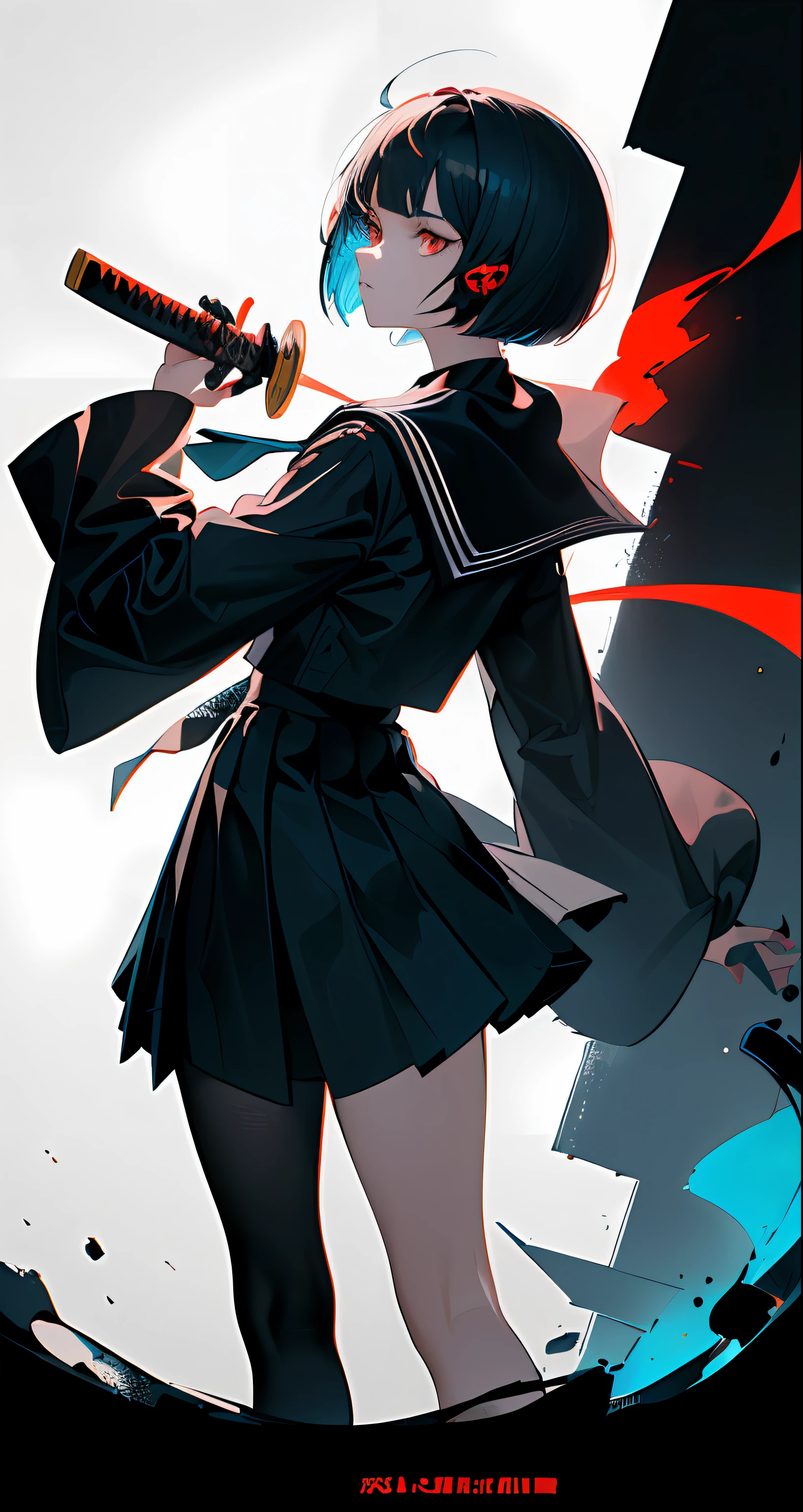 ((((dramatic))), (((gritty))), (((intense))) 1girl, girl, 10 yeauos face and attitude, almost angry, (oversized coat) ((((bowlcut hair)))) ((((very short hair)))) (((shortest hair))) (black jet hair) (((hair barely covers ears and backhead))) sailor costume, (((blue dark sailor costume))) (((knee below skirt))), (((long skirt))) ((((slender)))) red costume details, (((tigth sleeves))) (holding a katana) action stand (((red eyes))) ((black necktie)) (nigth neon city) The background is dark and gritty, with a sense of danger and intensity. The color palette is mainly dark with splashes of vibrant colors, giving the poster a dynamic and visually striking appearance, outfit, posing, front, colorful, dynamic, background, elements, confident, expression, holding, statement, accessory, majestic, coiled, around, touch, scene, attention-grabbing, title, stylish, modern, trendy, focus, fashion, (Bauhaus, shapes, lines, abstract:1.1)