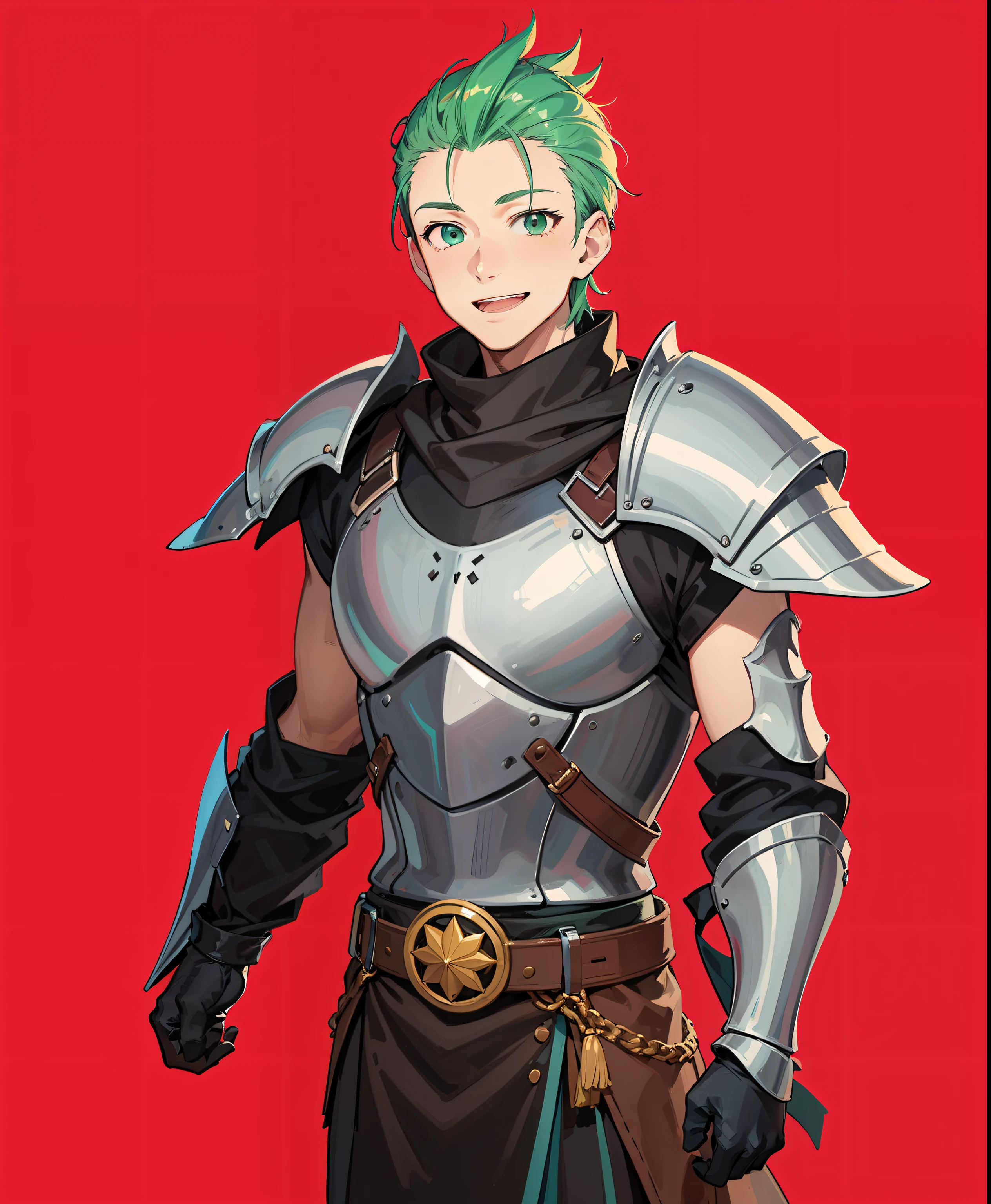 Screenshot of Anime A 30-year-old man with yellow-green mohawk hair in a medieval European knight costume stands looking at us with a very big smile。Hands are clasping。The face is a little bigger。The body shape is thin。Fine line art 2020s anime