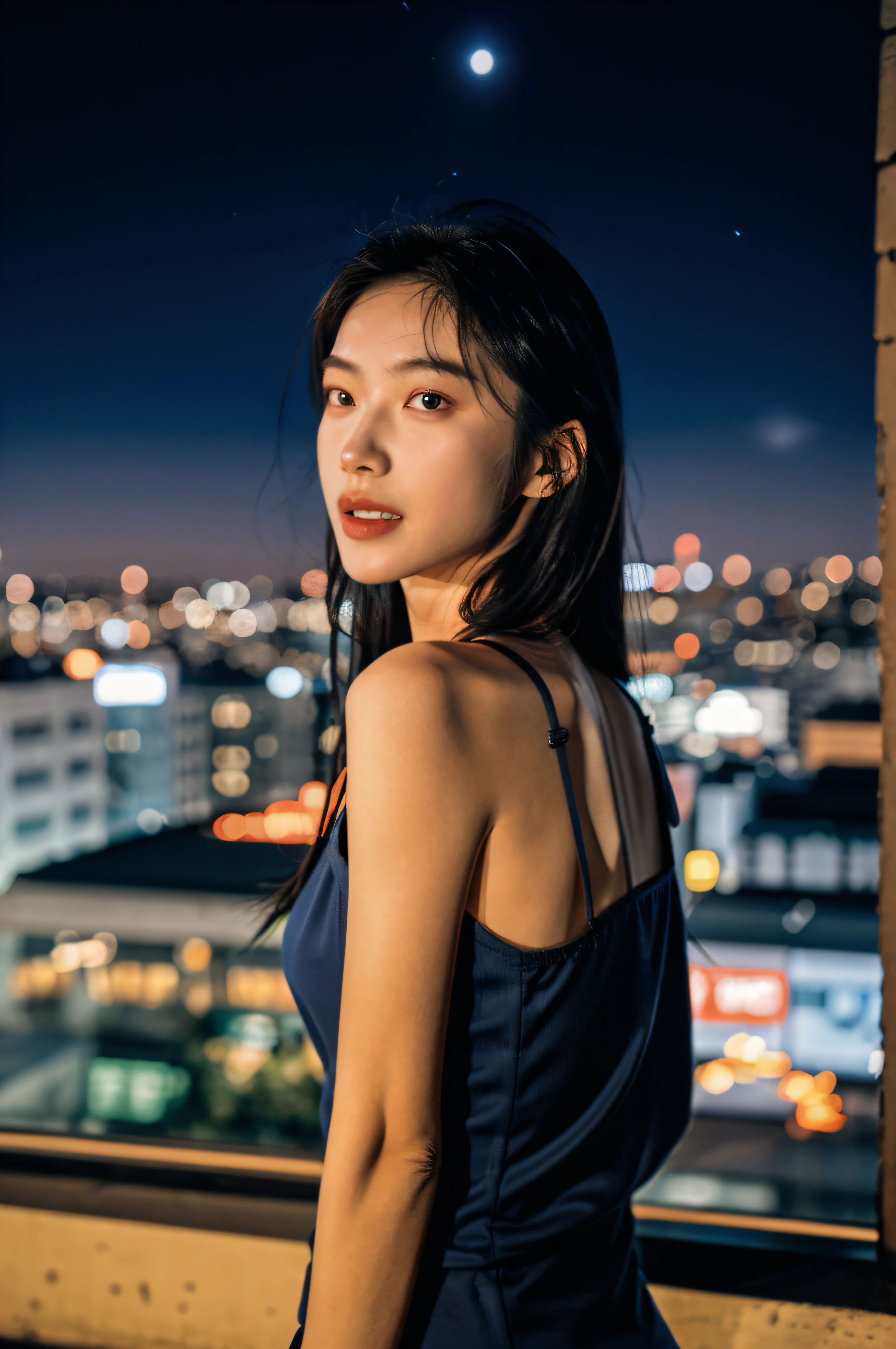 1girls,idols,mannequin,deep of field,Photo showing,filmes,Side face,back,back,(Ruffle your hair:1.5),Look in the other direction,Skinny,Haha,fcollarbone,teeth,long way hair,filmes,Dark blue camisole vest,Cinematography,Night roof,City lights,Boyfriend perspective