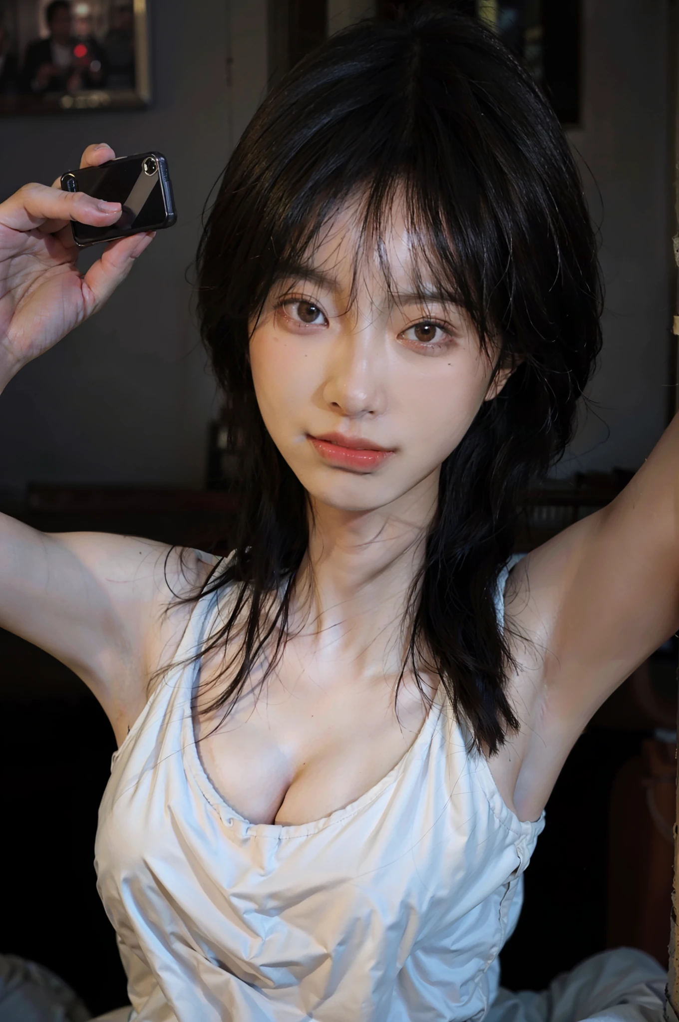 8K，best qulaity，masterspiece，ultra-highres，（真实感：1.4），OriginalPhotographs，（True skin texture：1.3），（filmgrain：1.3），（Selfie angle），1girl with big breasts，Beautiful eye and face details，masterspiece，best possible quality，Close up of a，upper-body，big boob，and wear no underwear