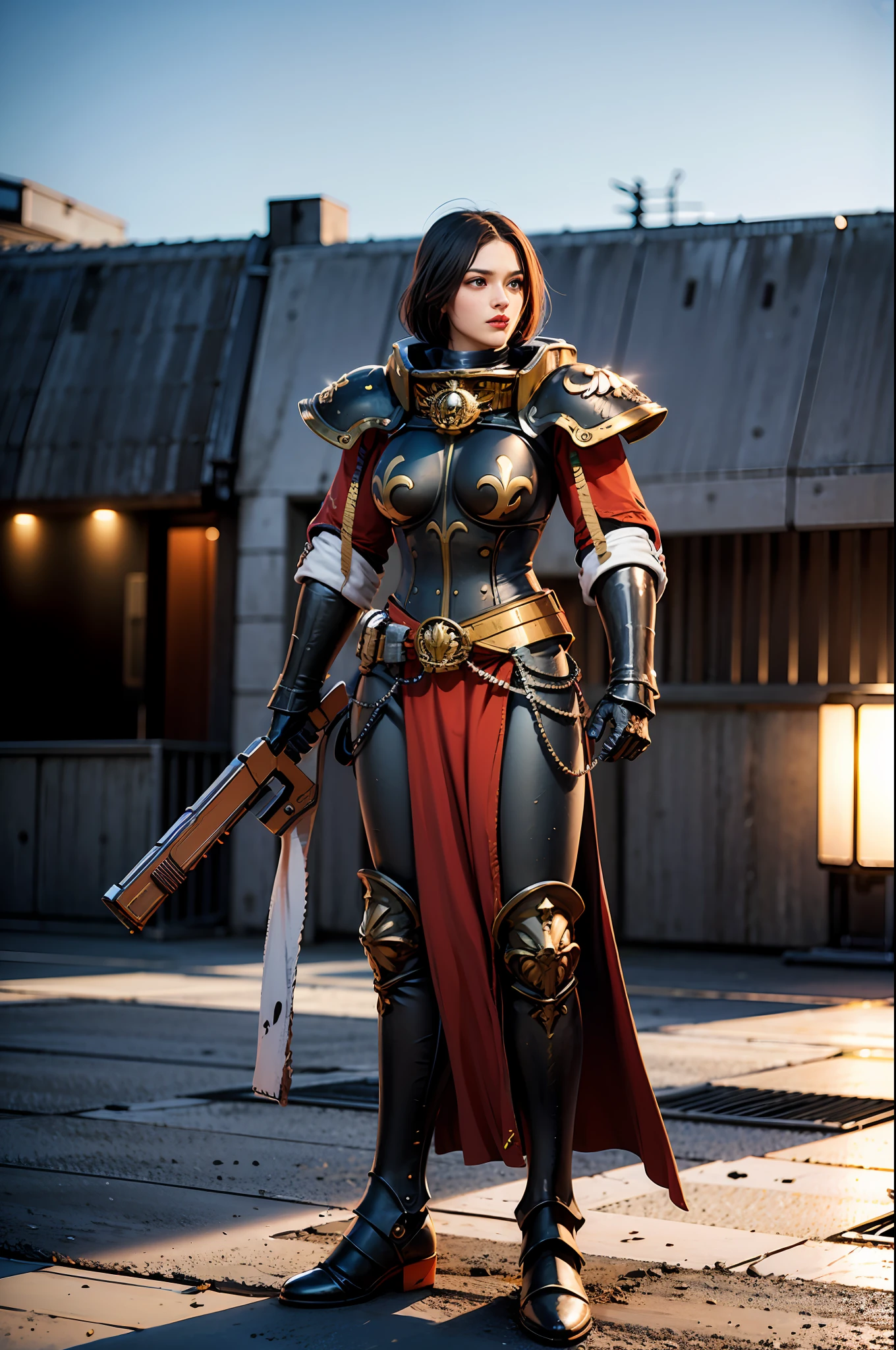 (obra-prima), profissional, foto realista, profundidade de campo, armrest,cabelos loiros compridos (vermelho fosco |branco |ouro Armor_metal:1.2), linda armadura de metal ,(preto fosco| ouro weapon_metal:1.2), linda arma de metal, parafuso, rifle,=sniper scope, cano longo,warhammer 40K, adepta sororitas,