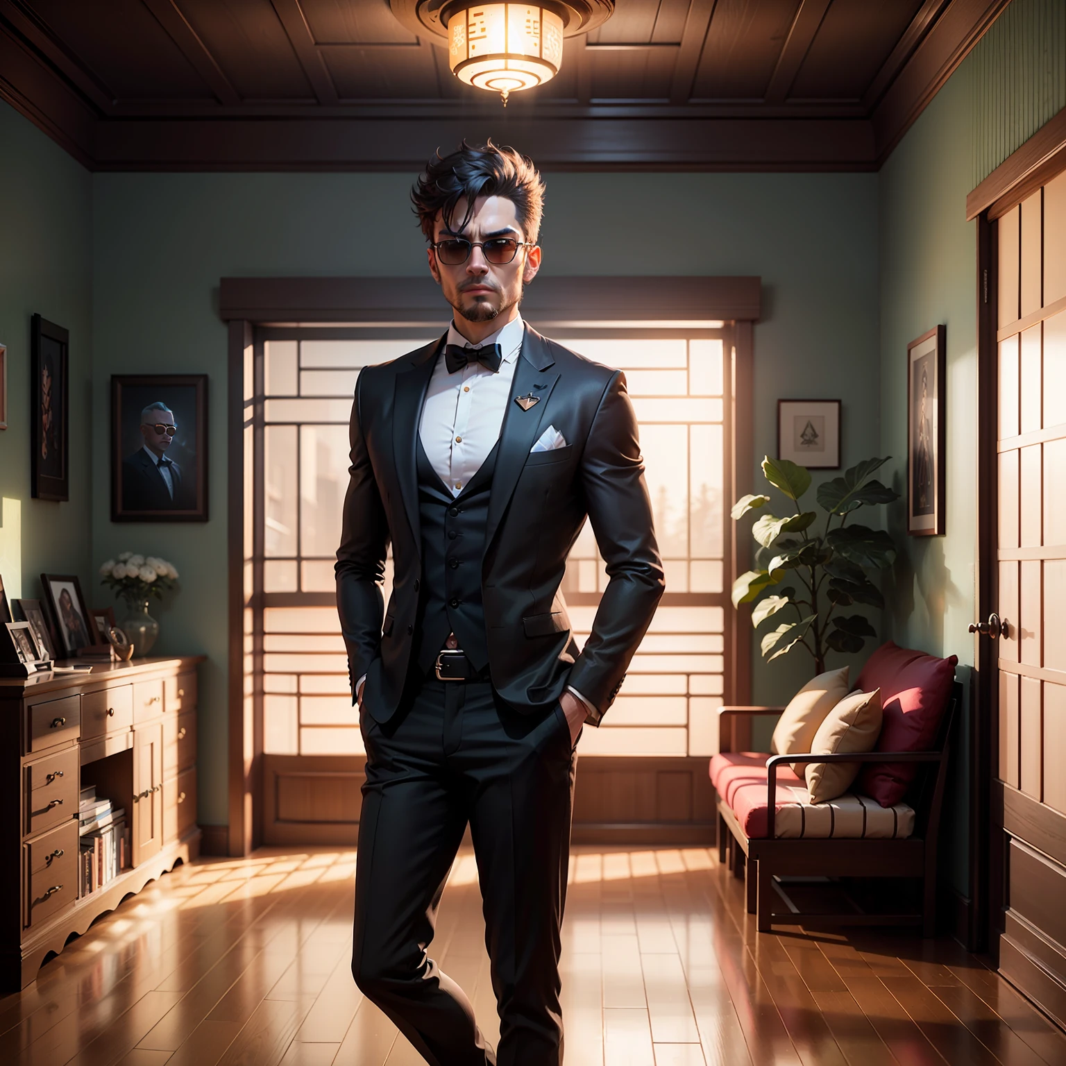 3 d render character art 8 k, anton fadeev 8 k, stunning digital illustration, by Arik Brauer, cgsociety concept art, cgsociety 8k,Male Tarot Fortune Teller、Portrait painting、Fortune-telling room、Wearing dark sunglasses、Wearing a suit、Modern Japan、The lighting is dim、 --auto