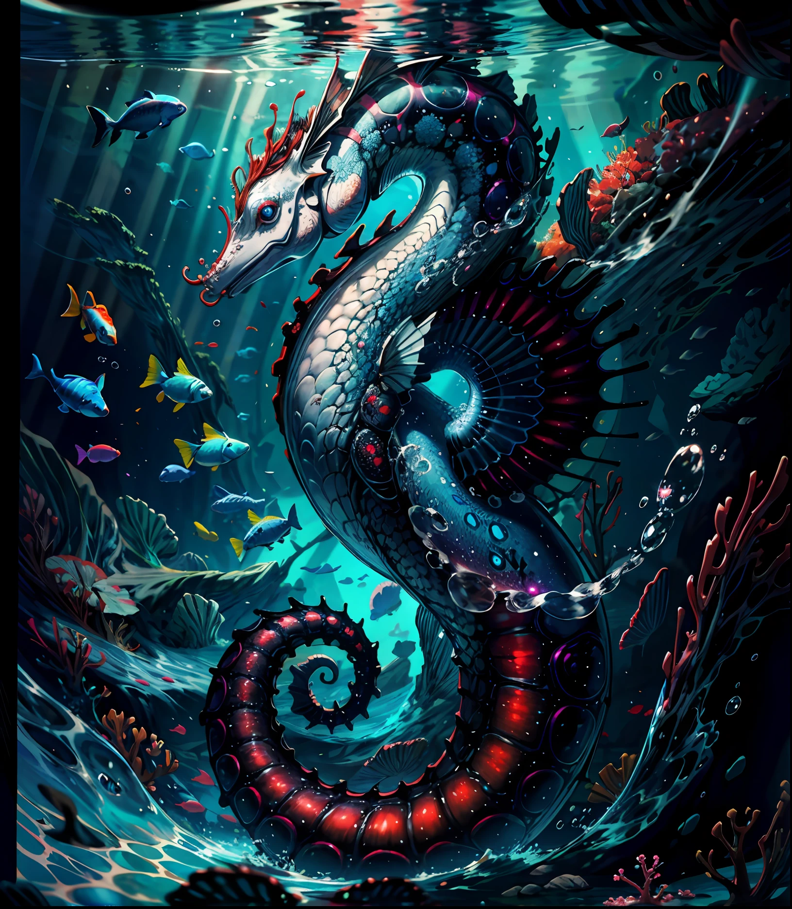 close shot  of a mythical colorful seahorse, slim body, shiny multicolored skin, detailed tail, detailed skin, the seahorse is swimming under the sea, looking at viewer with the glowing eyes, blue and red and black skin, crystal, ,clear water,focus, alien underwater landscape background .BREAK,Detailed,Realistic,4k highly detailed digital art,octane render, bioluminescent, BREAK 8K resolution concept art, realism,by Mappa studios,masterpiece,best quality,official art,illustration,ligne claire,(cool_color),perfect composition,absurdres, fantasy,focused,rule of thirds,