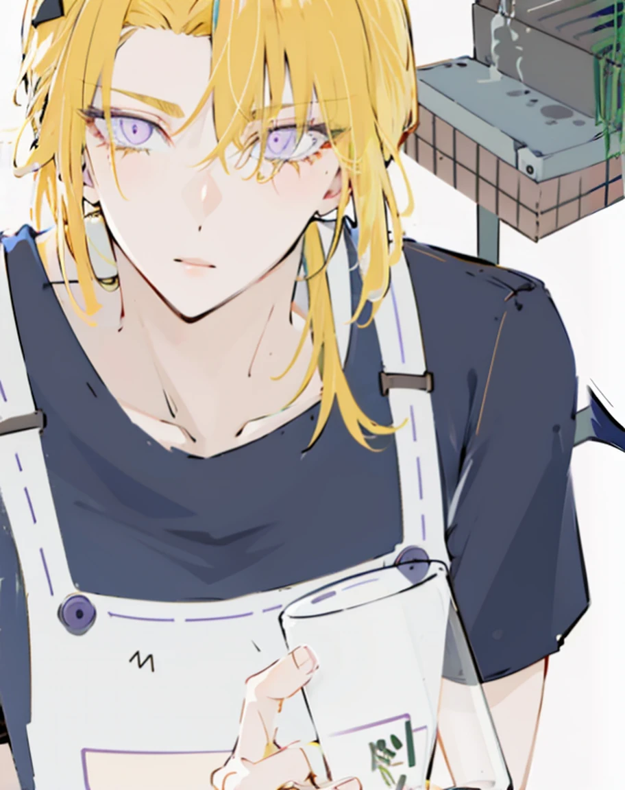 Anime - a blonde boy style image,Purple eyes holding a glass, zerochan, zerochan art, blonde boy with yellow eyes, Tall anime guy with purple eyes, gapmoe yandere, detailed fanart, handsome guy in demon slayer art, yuyushiki, kentaro miura manga art style, Also, demon slayer rui fanart, Marin Kitagawa fanart,Holding a glass with beer,The background is a lawn,BBQ nights,summer,Fire lights,Barbecue dinner