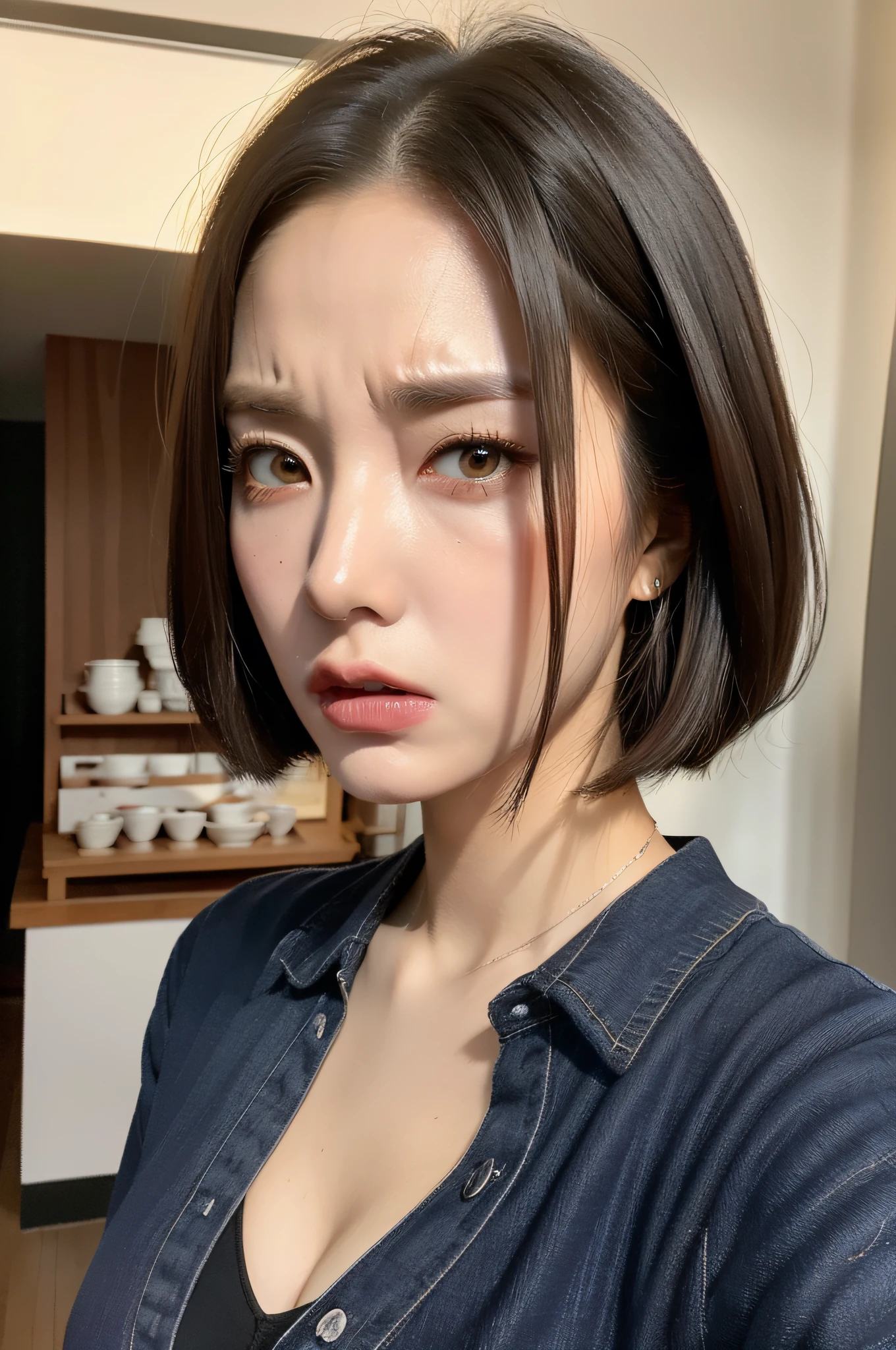 (((anger)))、Angry eyes、Angry eyebrows、Angry mouth、menacing、beste Quality、in 8K、A masterpie:1.3、Sharp focus:1.2、Woman with perfect body shape:1.4、Realistic rays、blouse、30 years、short-hair、tea shop