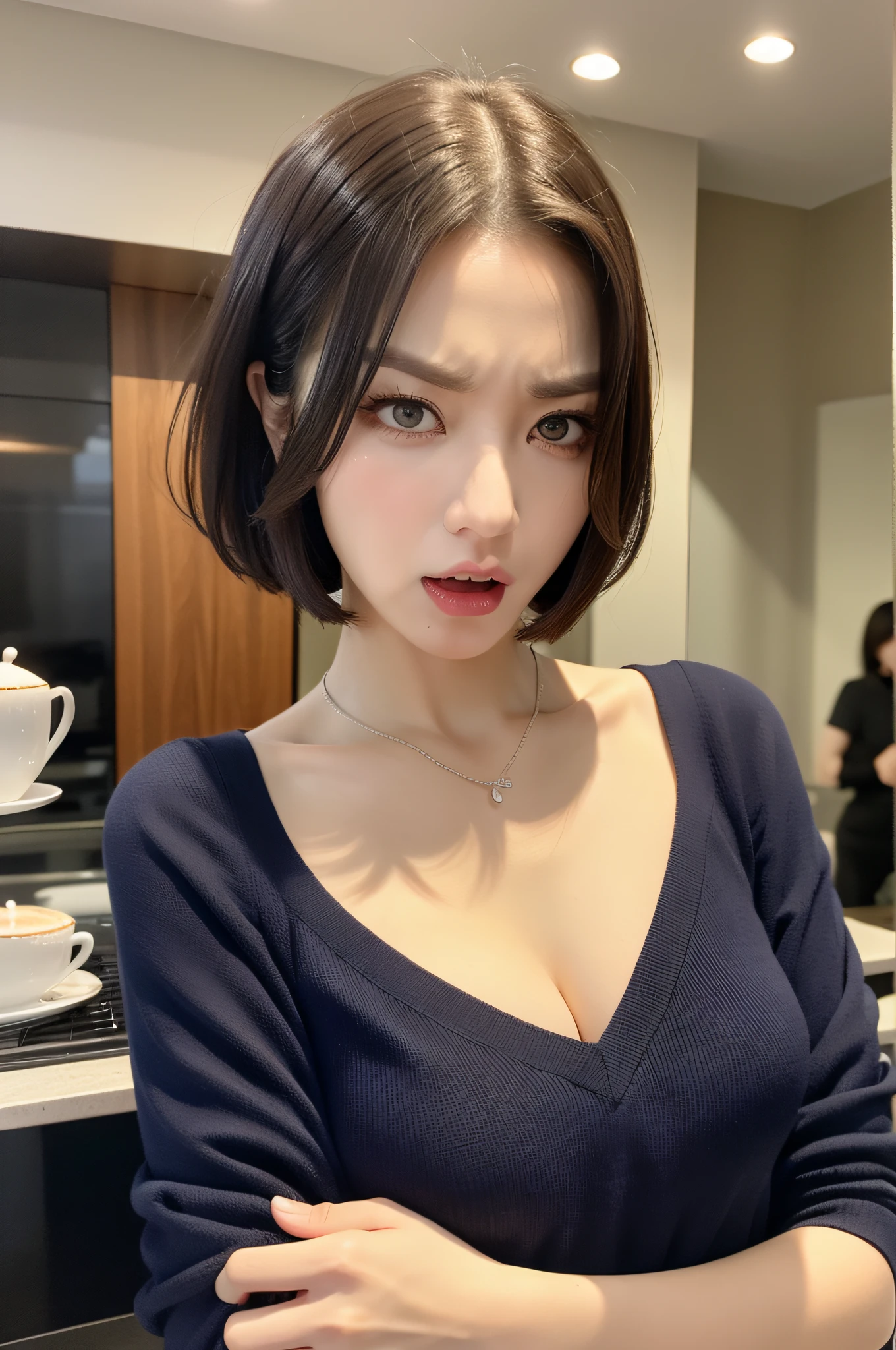 (((anger)))、Angry eyes、Angry eyebrows、Angry mouth、menacing、beste Quality、in 8K、A masterpie:1.3、Sharp focus:1.2、Woman with perfect body shape:1.4、Realistic rays、blouse、30 years、short-hair、tea shop