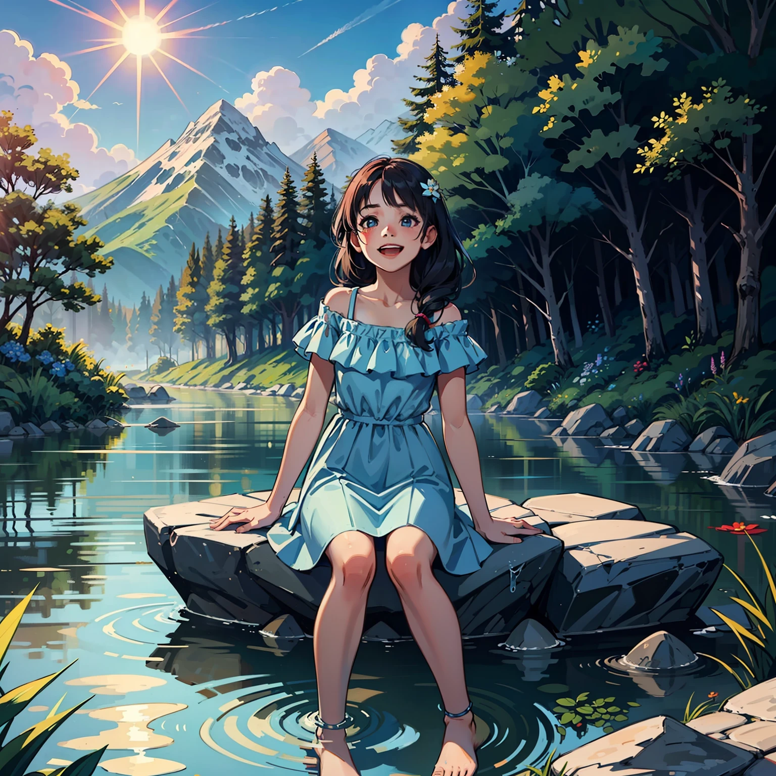 in the early morning，By the creek at the foot of the mountain，A cute little girl with long hair，Light blue dress，Sitting barefoot on a stone by the stream，the sun shines on the face，Happy laughter --auto