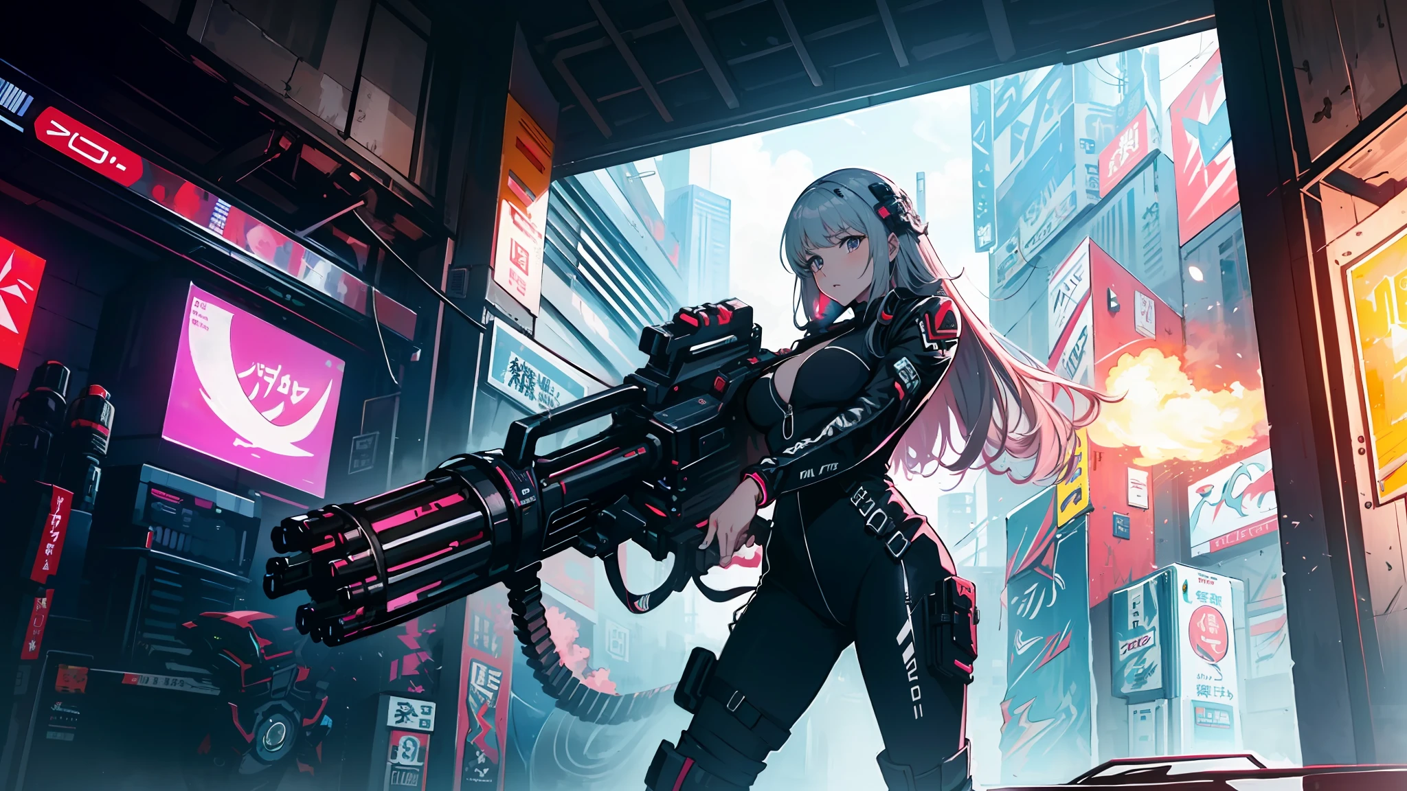 ((Best quality)), ((masterpiece)), (highly detailed:1.3) beautiful hyper waifu in cyberpunk bodysuit firing gatling gun,gun,anime,