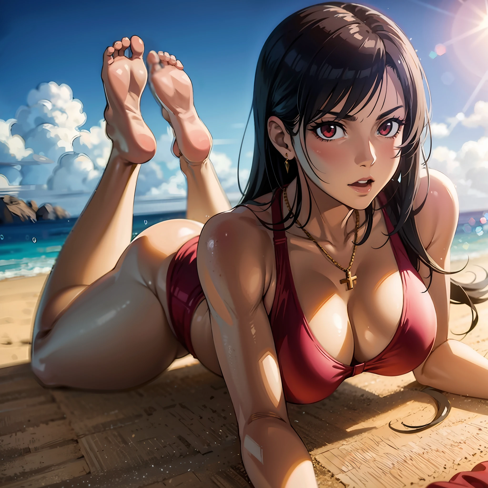 Tifa Lockhart, red eyes, anime girl laying on the beach with her legs crossed, seductive anime girl, beautiful alluring anime woman, Extremely detailed artgerm, Smooth anime CG Art, seductive tifa lockhart portrait, realistic anime 3 d style, beautiful alluring anime , belle femme anime, Nico Robin, Tifa Lockhart, photorealistic anime girl render, realistic bikini, realistic anime artstyle