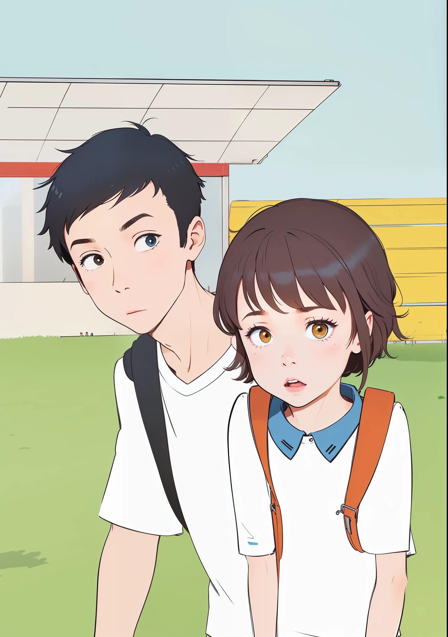 A man and a woman in the playground, boys with black hair and white clothes carrying black school bags, girls wearing white shirts with blue collars, carrying red school bags, behind them is the rostrum and yellow auditorium