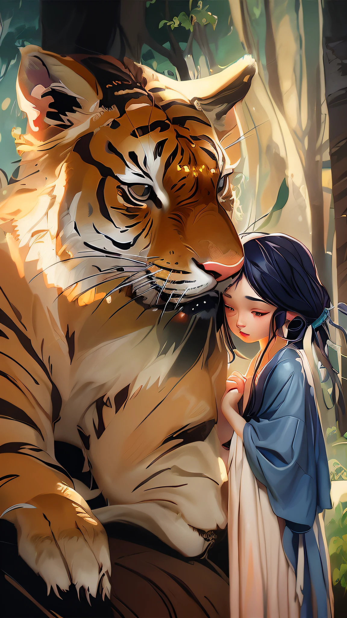 there is a statue of a woman and a tiger in front of a statue, beautiful digital artwork, adorable digital painting, artwork in the style of guweiz, cute detailed digital art, beautiful digital illustration, gorgeous digital painting, exquisite digital illustration, stunning digital illustration, amano and karol bak, karol bak uhd, beautiful avatar pictures