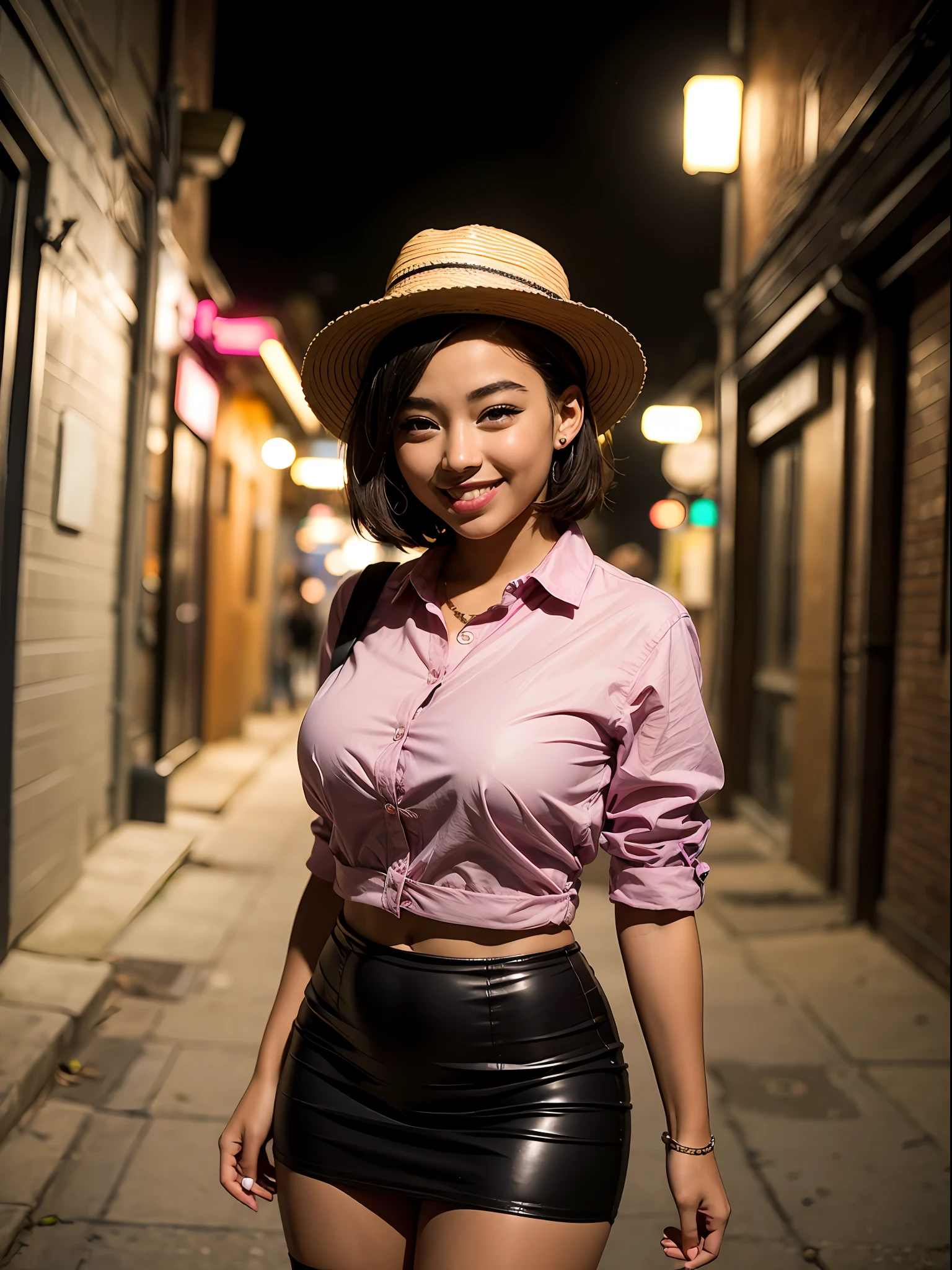 A photo of a 20-year-old girl dressed in a magenta unbuttoned shirt, a short skirt, black fishnet stockings, woven slides and a straw fedora hat. She poses in a nighttime back alley, the clothes accentuate her figure. short hair, beaming smile