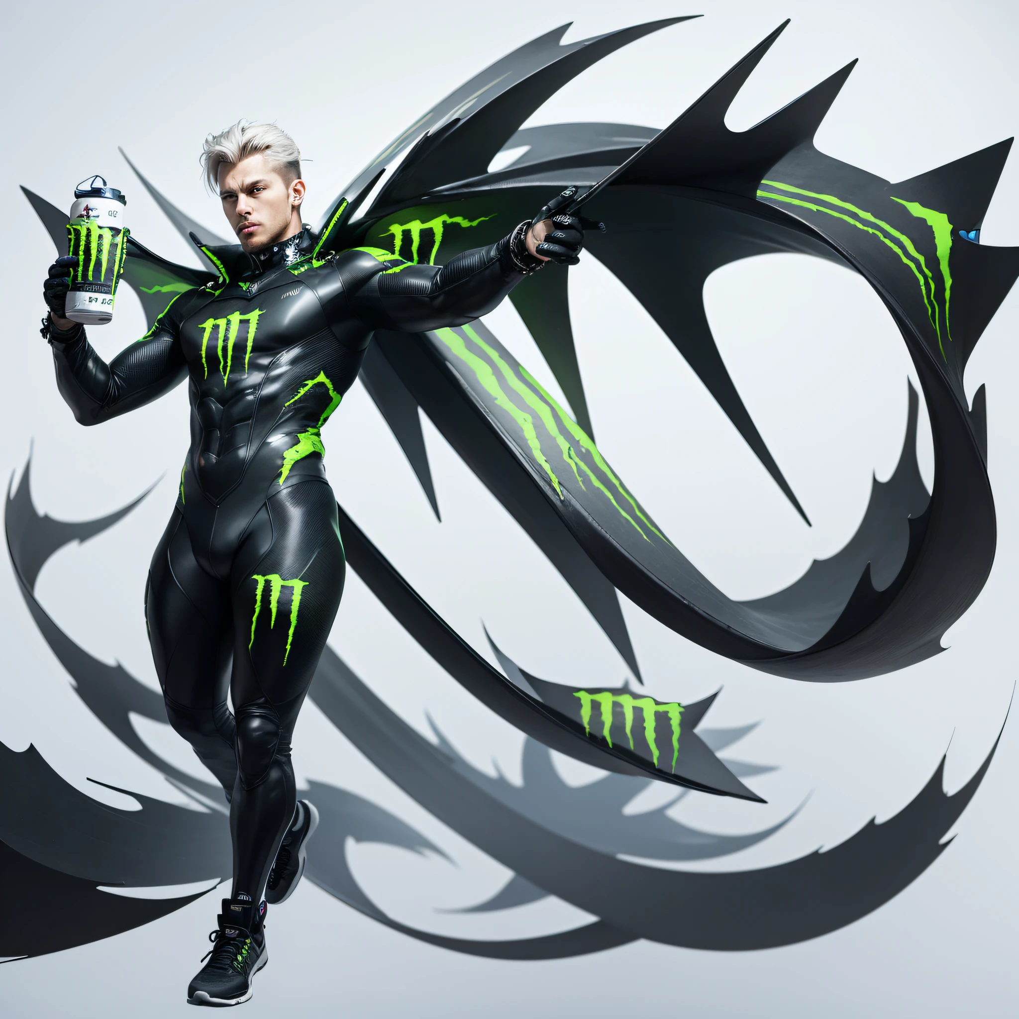 Homem da moda futurista junping no ar, corpo inteiro, arms spread wide, forma de cruz, estilo verde e preto, monster energy drink logo, social media portrait, cromar, fundo branco, gestos fluidos, sketchfab, neo-academic, ultra realistic --auto
