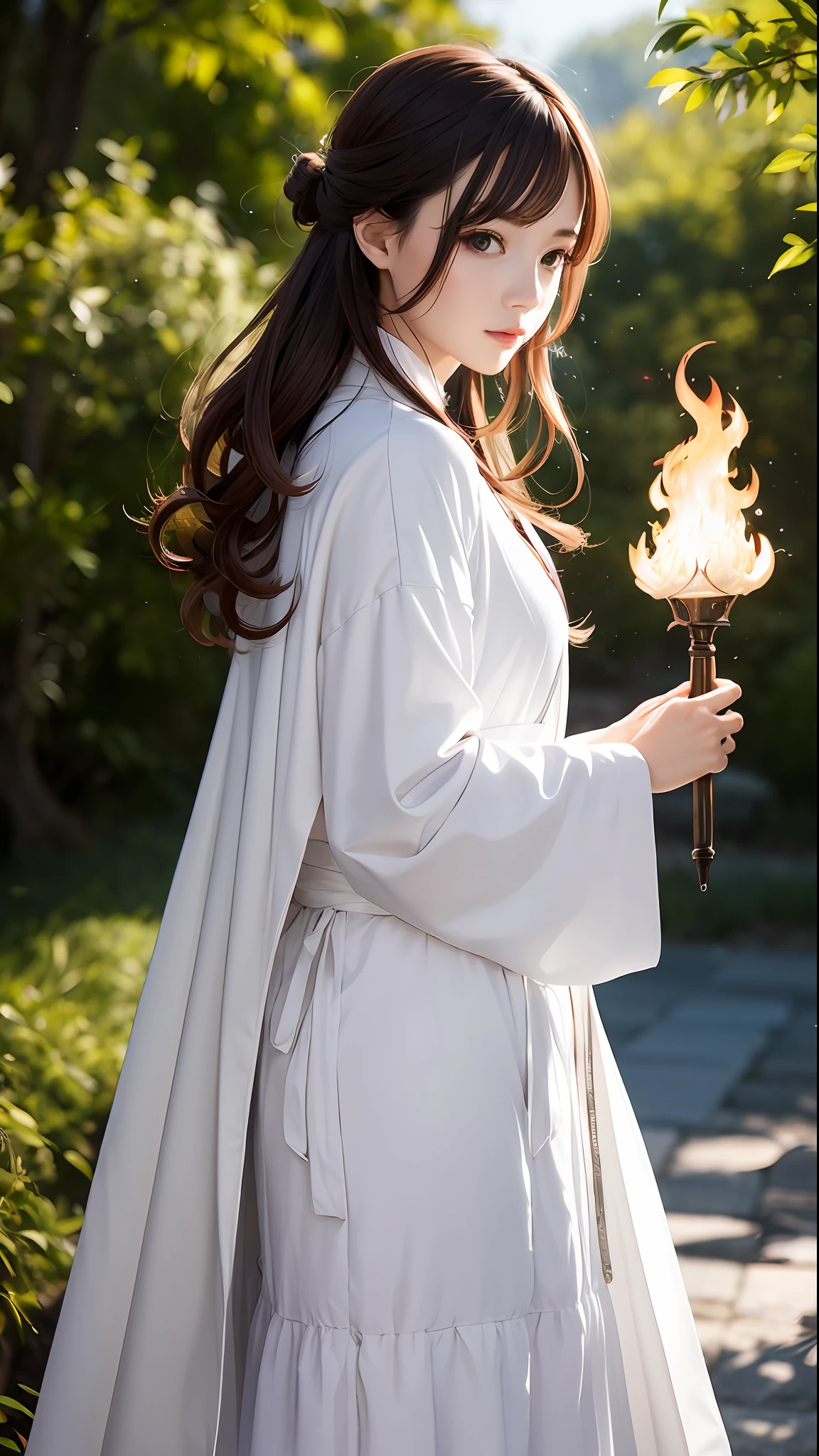((1girly))、Light magic、Wearing a white robe made of light、magical forest、flow、(((firey))magic)、(((Flowing hairstyle)))、(((shinning eyes)))、Wearing a cloak、((vokeh))、Depth-of-field、, short hairs, Nice hairstyle, Nice clothes
