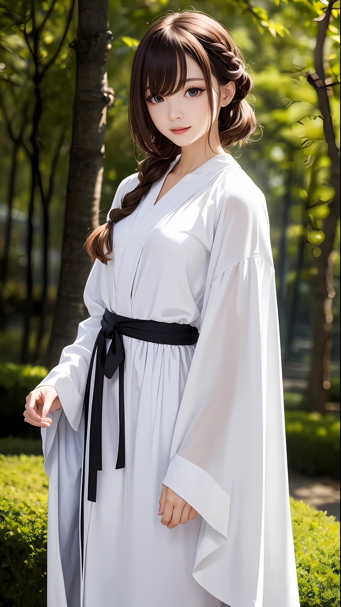 ((1girly))、Light magic、Wearing a white robe made of light、magical forest、flow、(((firey))magic)、(((Flowing hairstyle)))、(((shinning eyes)))、Wearing a cloak、((vokeh))、Depth-of-field、, short hairs, Nice hairstyle, Nice clothes